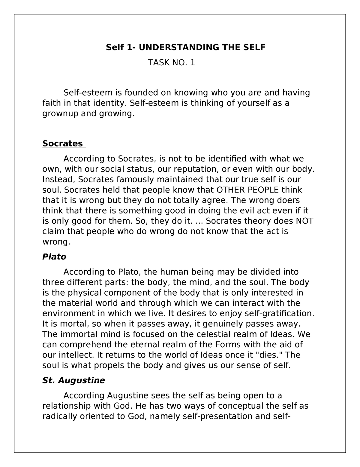 Self 1 - Task No. 1 Understanding the Self - Self 1- UNDERSTANDING THE ...