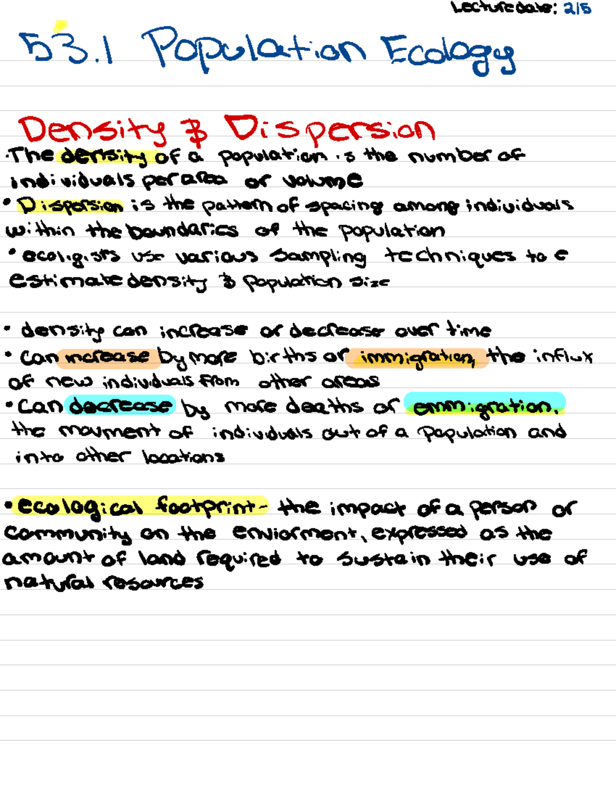 2-5 Ch 53 - Book notes - Lecture date : 215 Population ####### Ecology ...