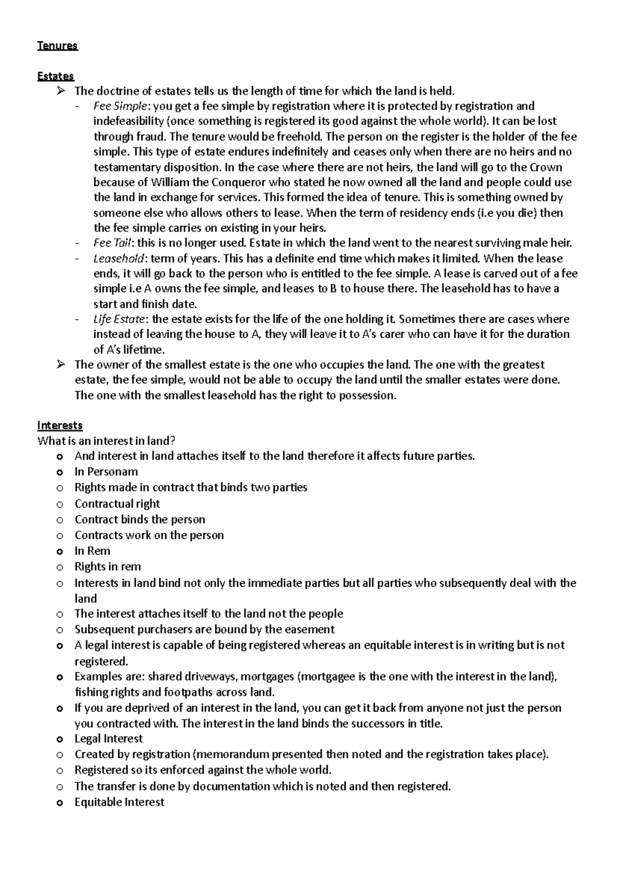 Study Notes Land - Summaries of the exam material - Tenures Estates The ...