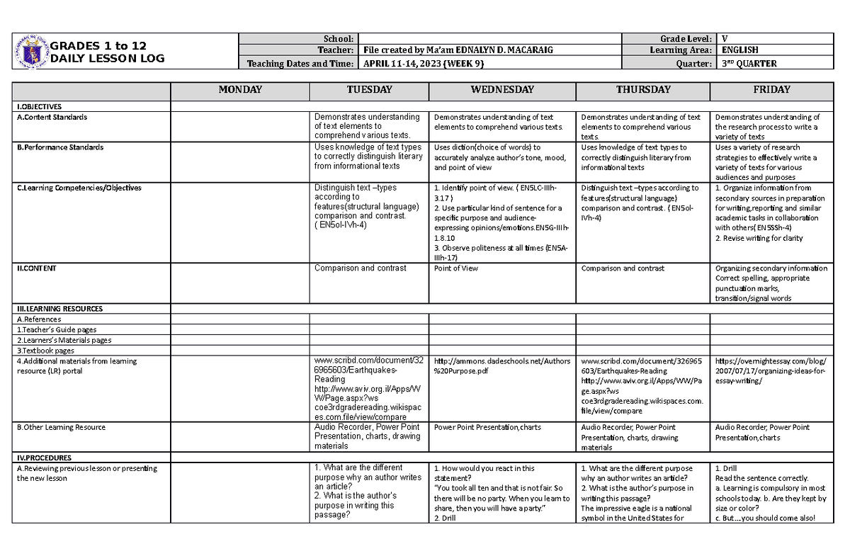 DLL English 5 Q3 W9 - DLL - GRADES 1 to 12 DAILY LESSON LOG School ...