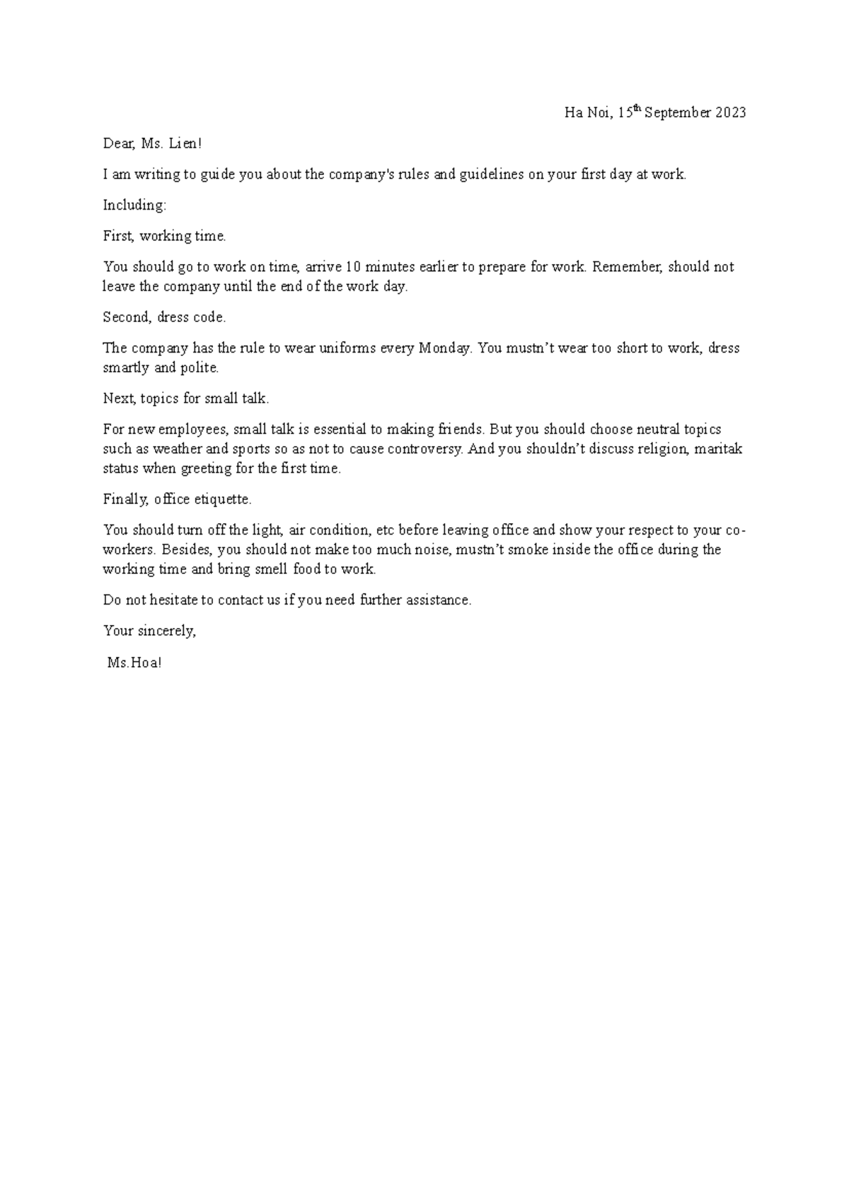 Unit1-writing email - bài tập - Ha Noi, 15th September 2023 Dear, Ms ...