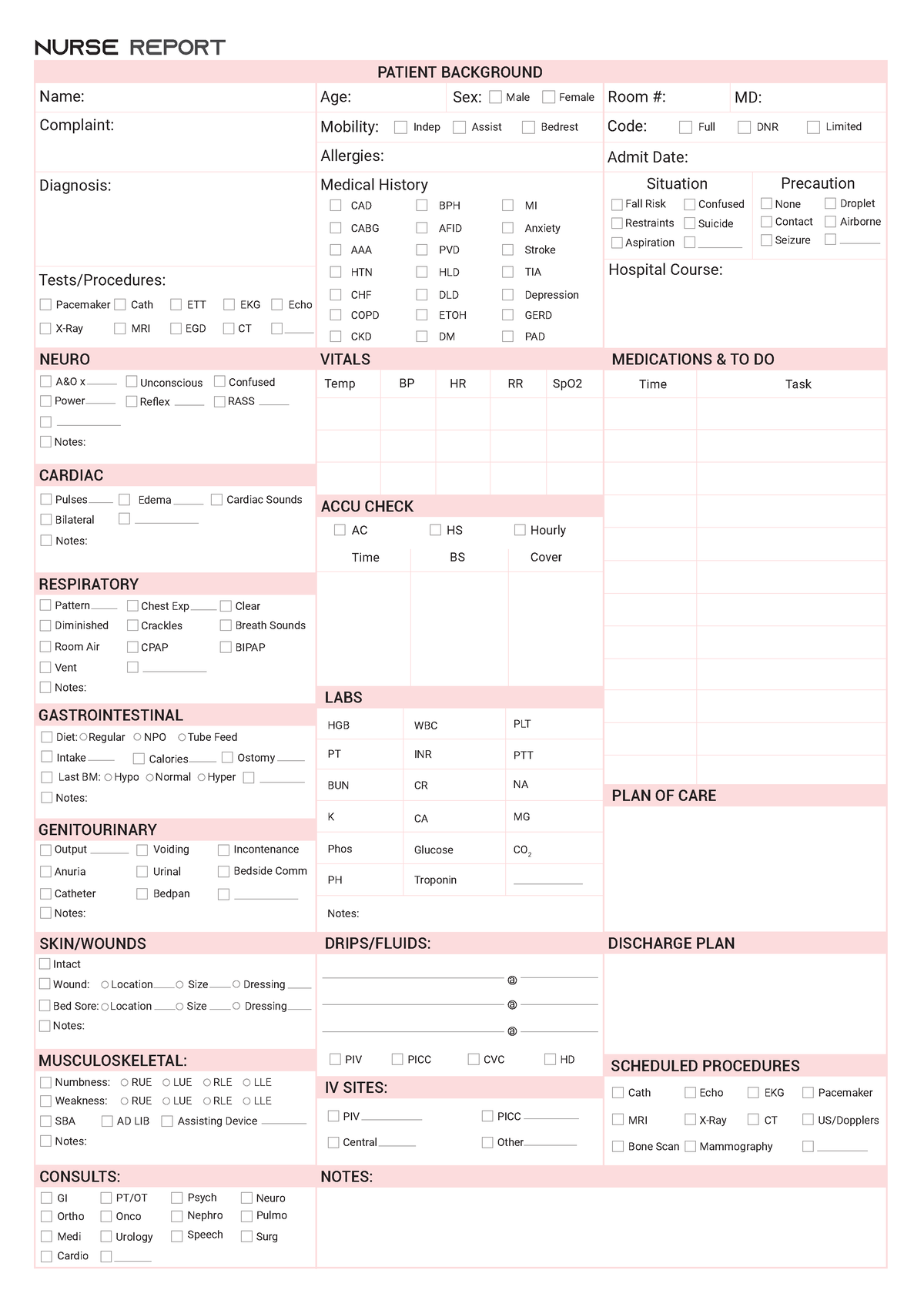 Nurse Report Sheet A 4 - Name: Room #: MD: Temp AC Time BP HS BS HR ...