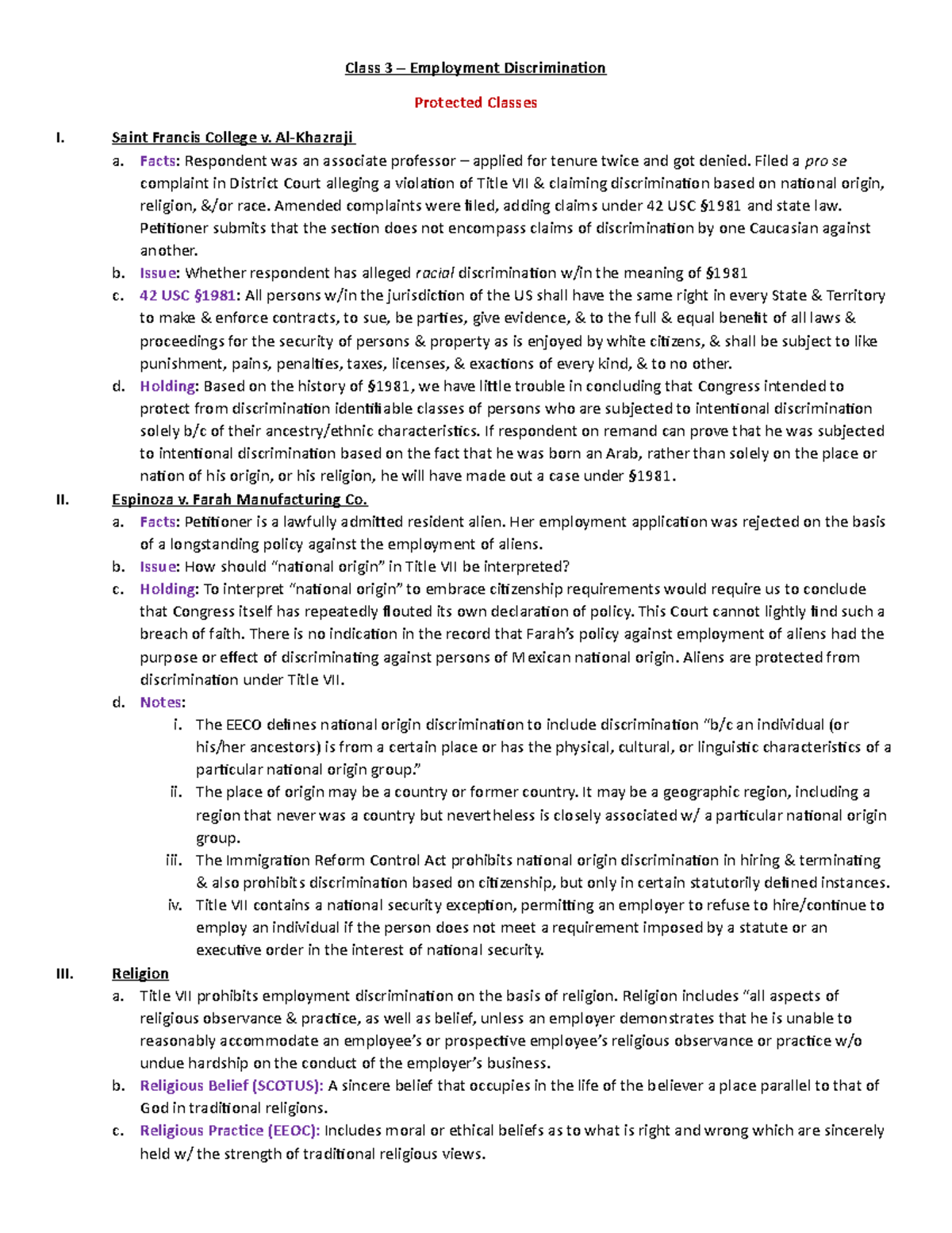 Class 3 Coverage of Statutes Class 3 Employment Discrimination
