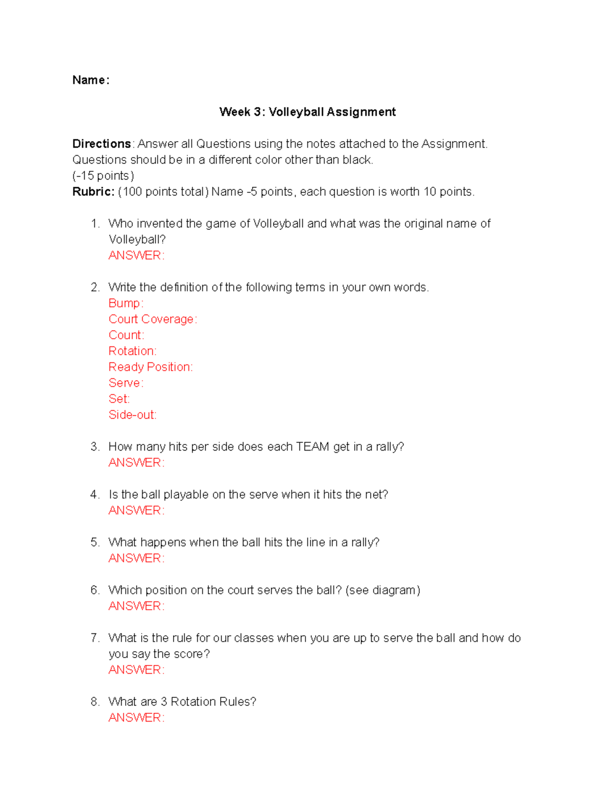 volleyball written assignment