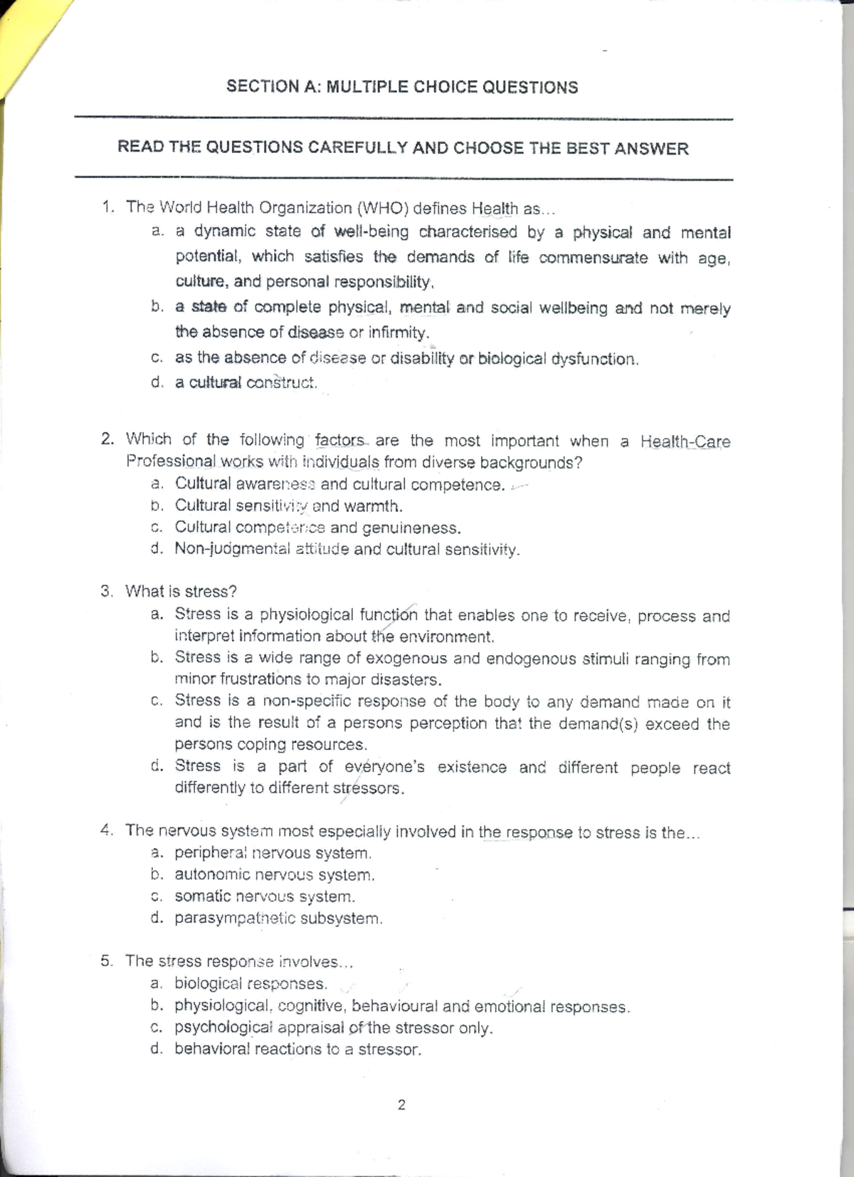 EXAM PREPARATION - SECTION A: MULTIPLE CHOICE QUESTIONS READ THE QUESTIONS CAREFULLY AND CHOOSE ...
