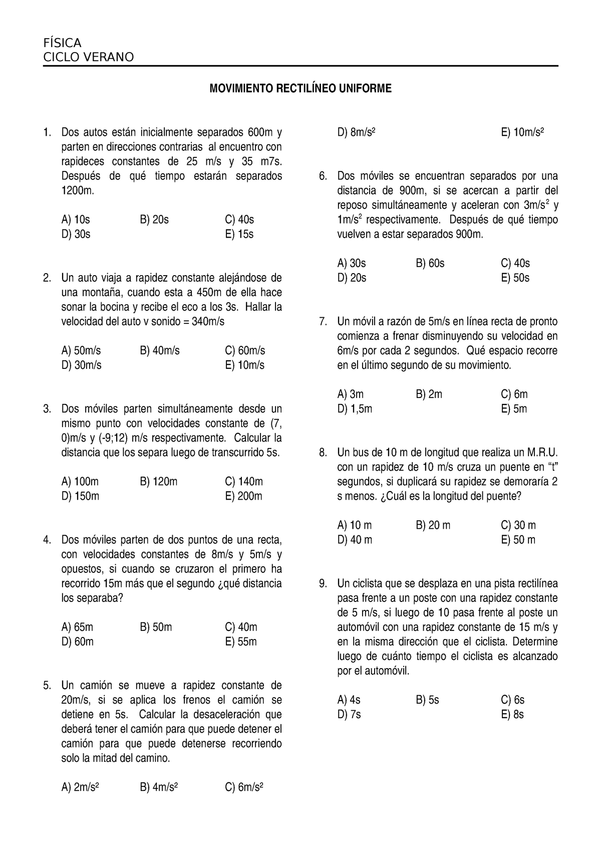 Fisica Pd Nº 02 M R U Resumen Fisica Ciclo Verano Movimiento Uniforme Dos Studocu