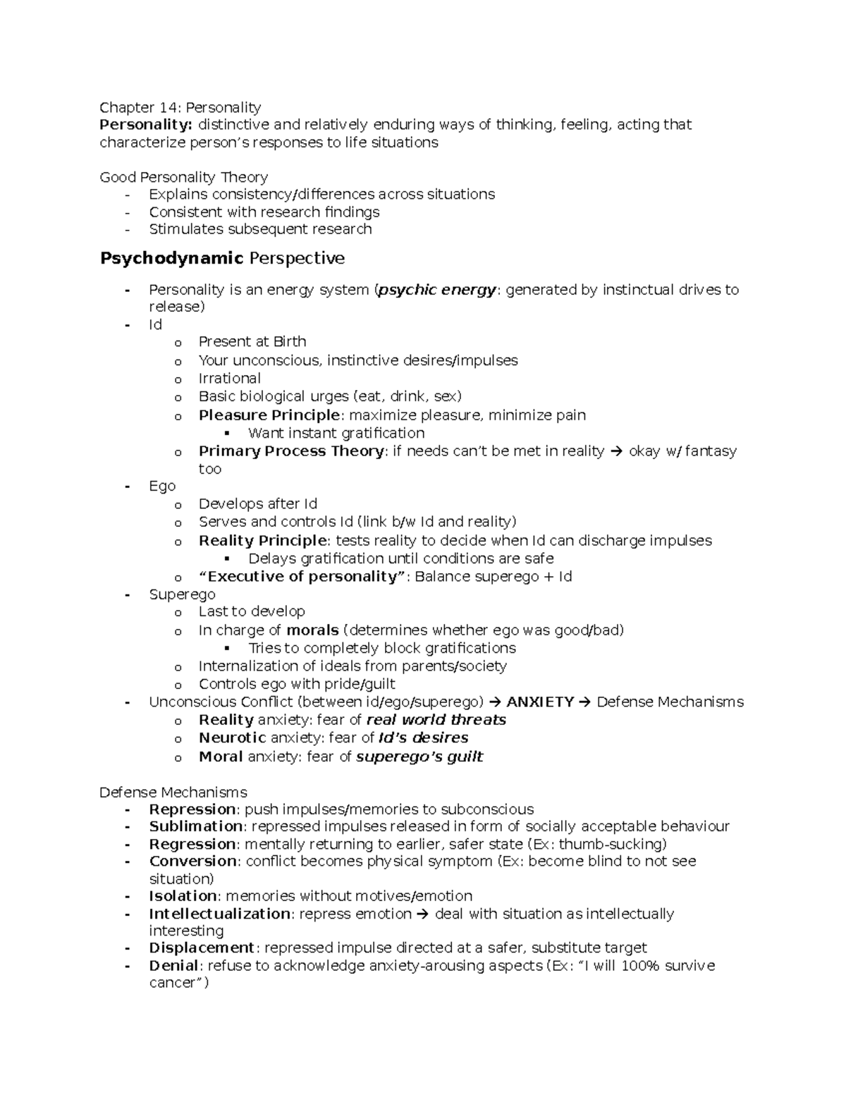 14 Personality - Lecture Notes 14 - Chapter 14: Personality Personality ...