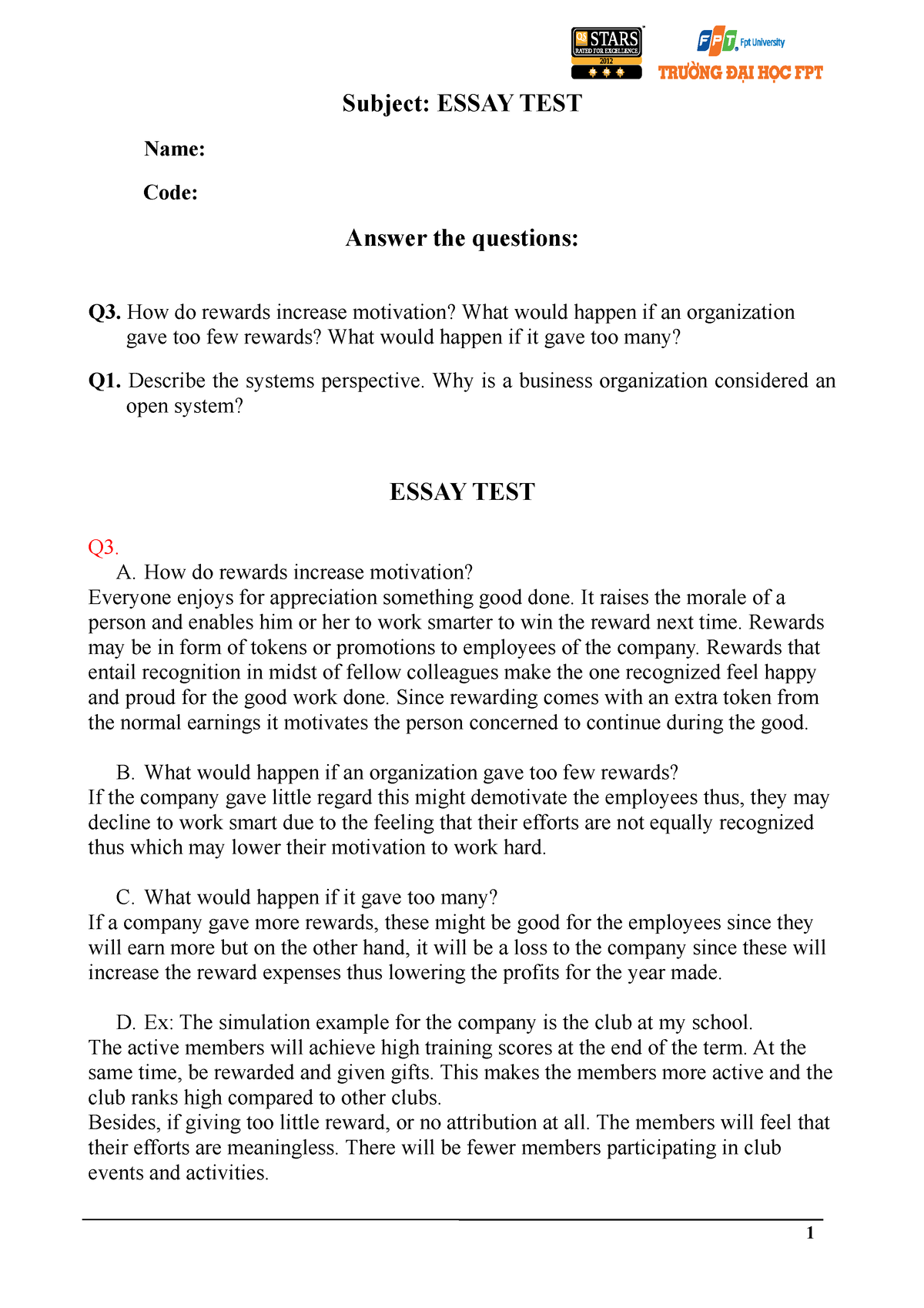 Essay 2 [ MGT103 ] - Q3. How Do Rewards Increase Motivation? What Would ...