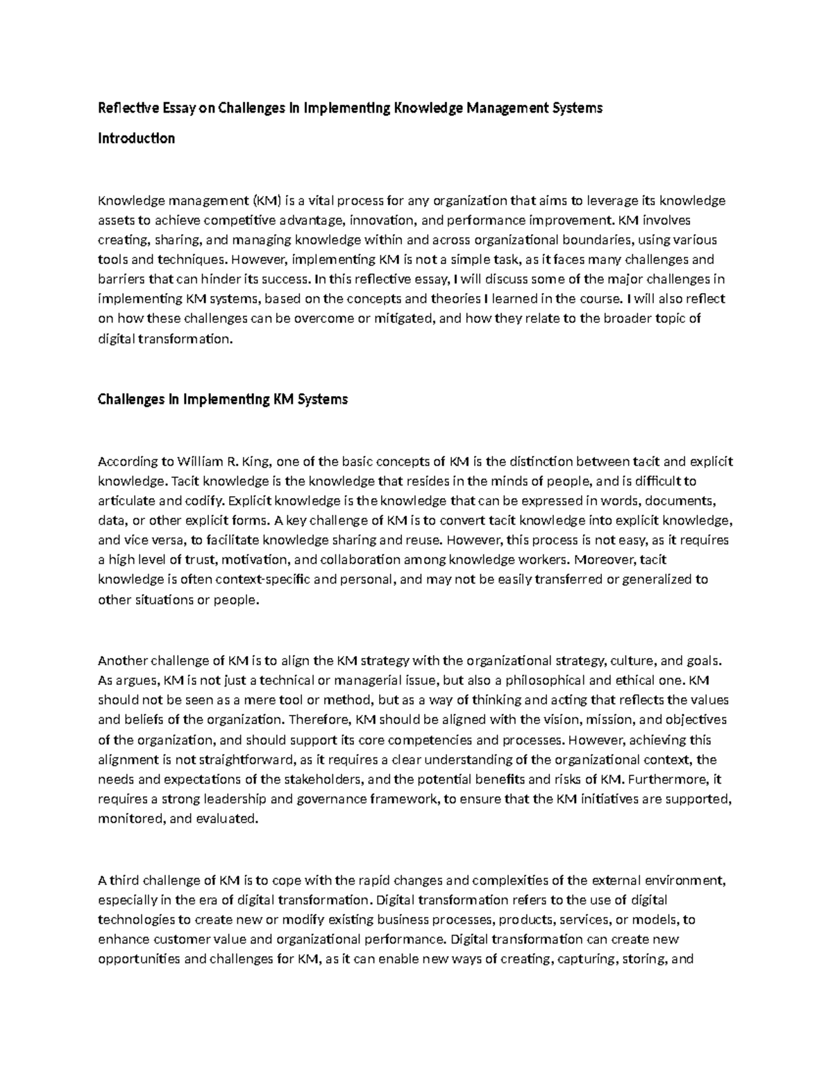 Sample - essay - Reflective Essay on Challenges in Implementing ...
