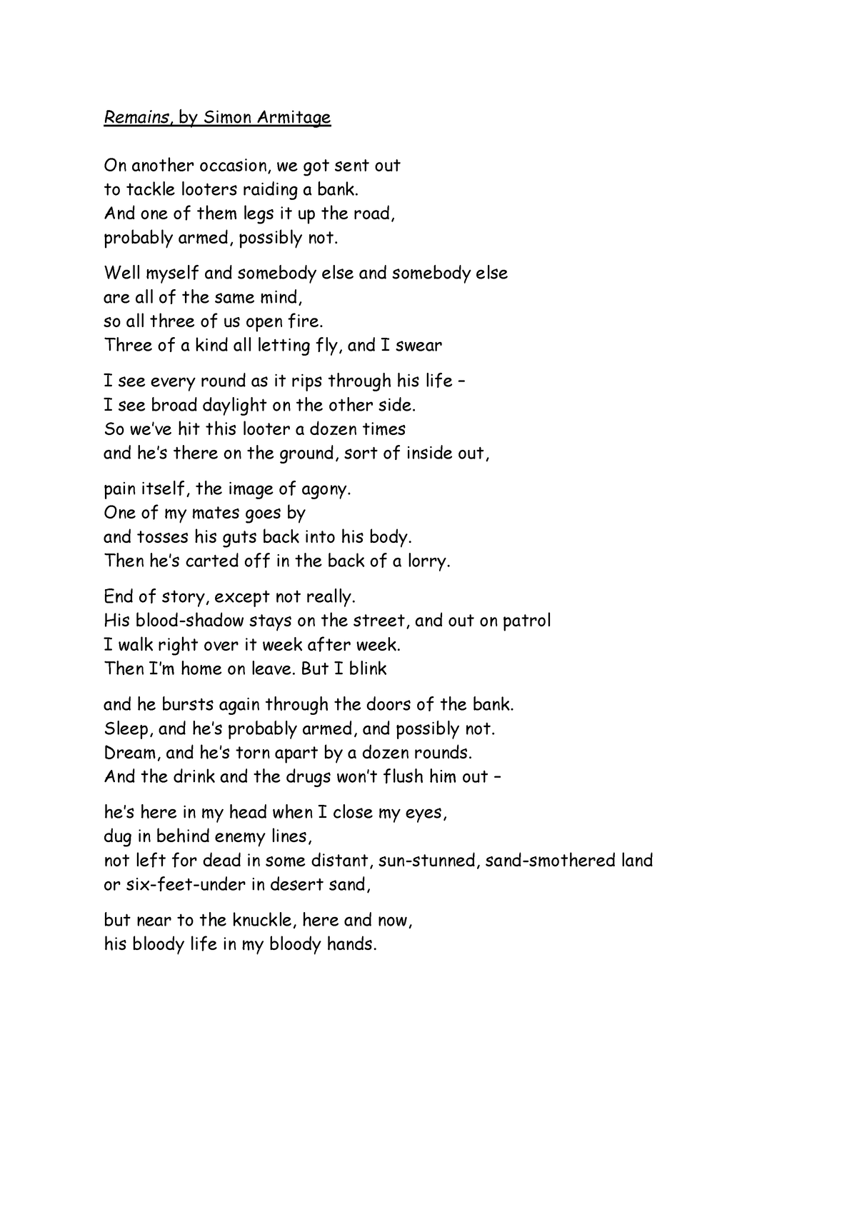 Y10 remains poem - Starting from young - Remains, by Simon Armitage On ...