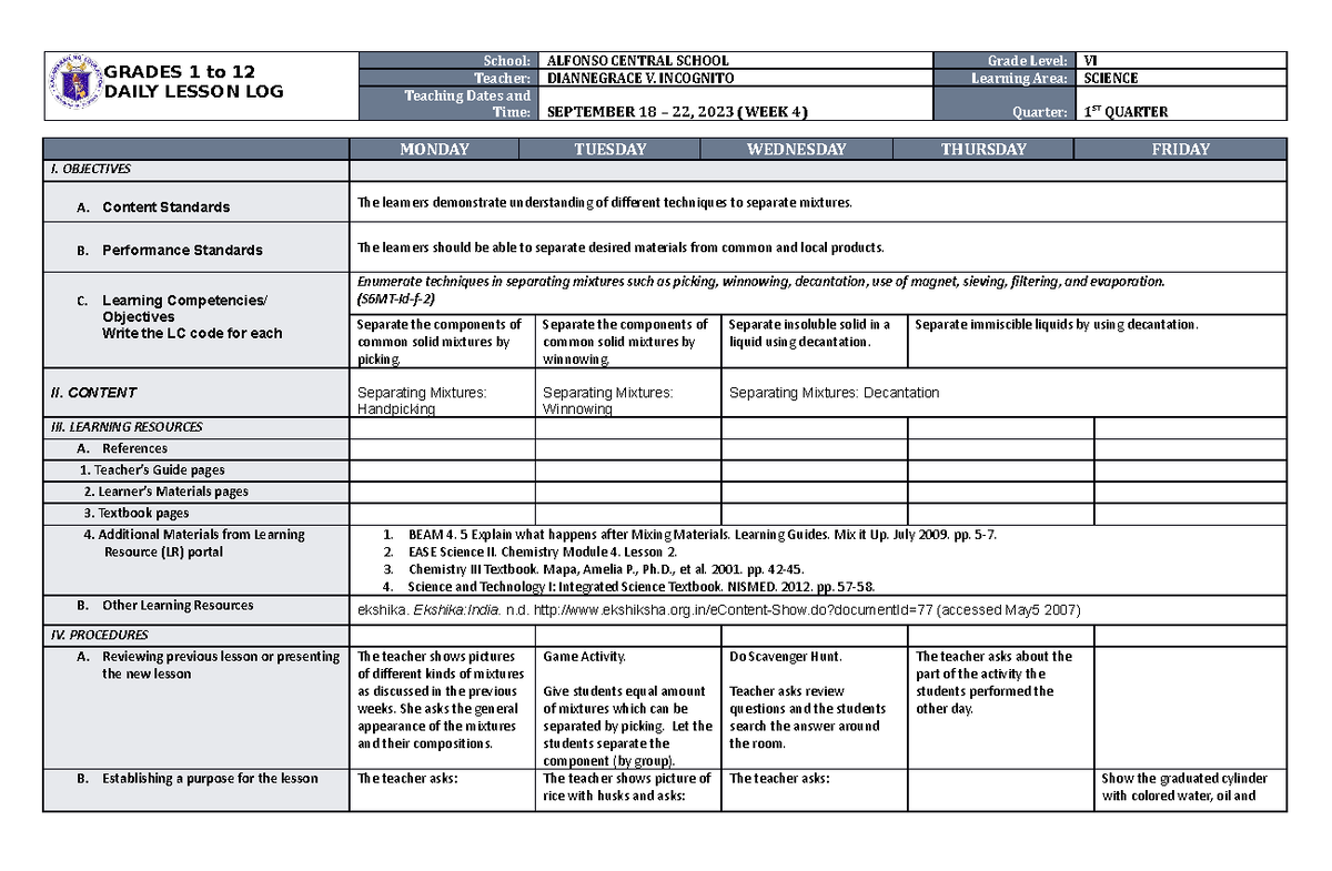 DLL Science 6 Q1 W4 - daily lesson log - GRADES 1 to 12 DAILY LESSON ...