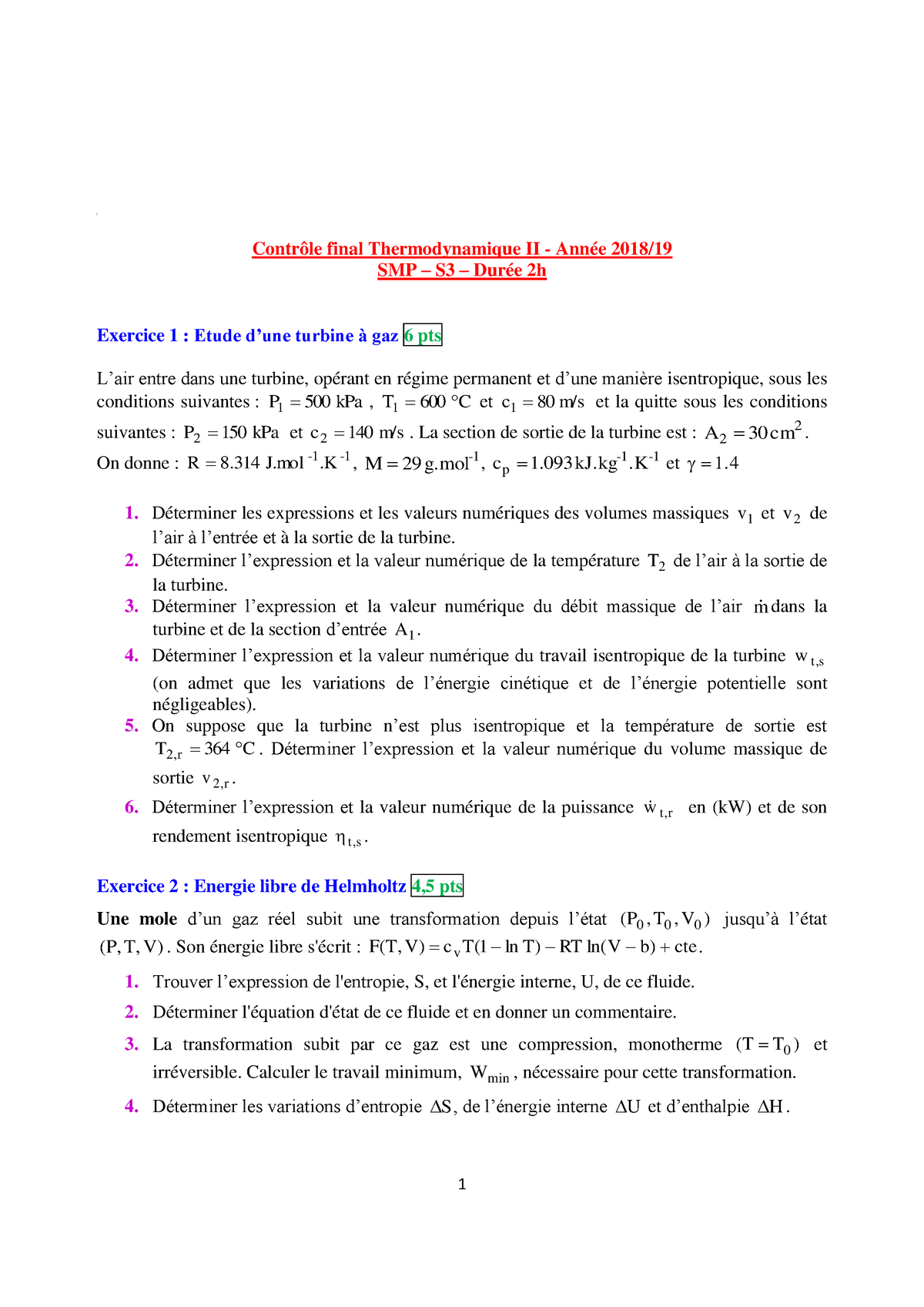 Examen Corrigés De La Thermodynamique II - Contrôle Final ...