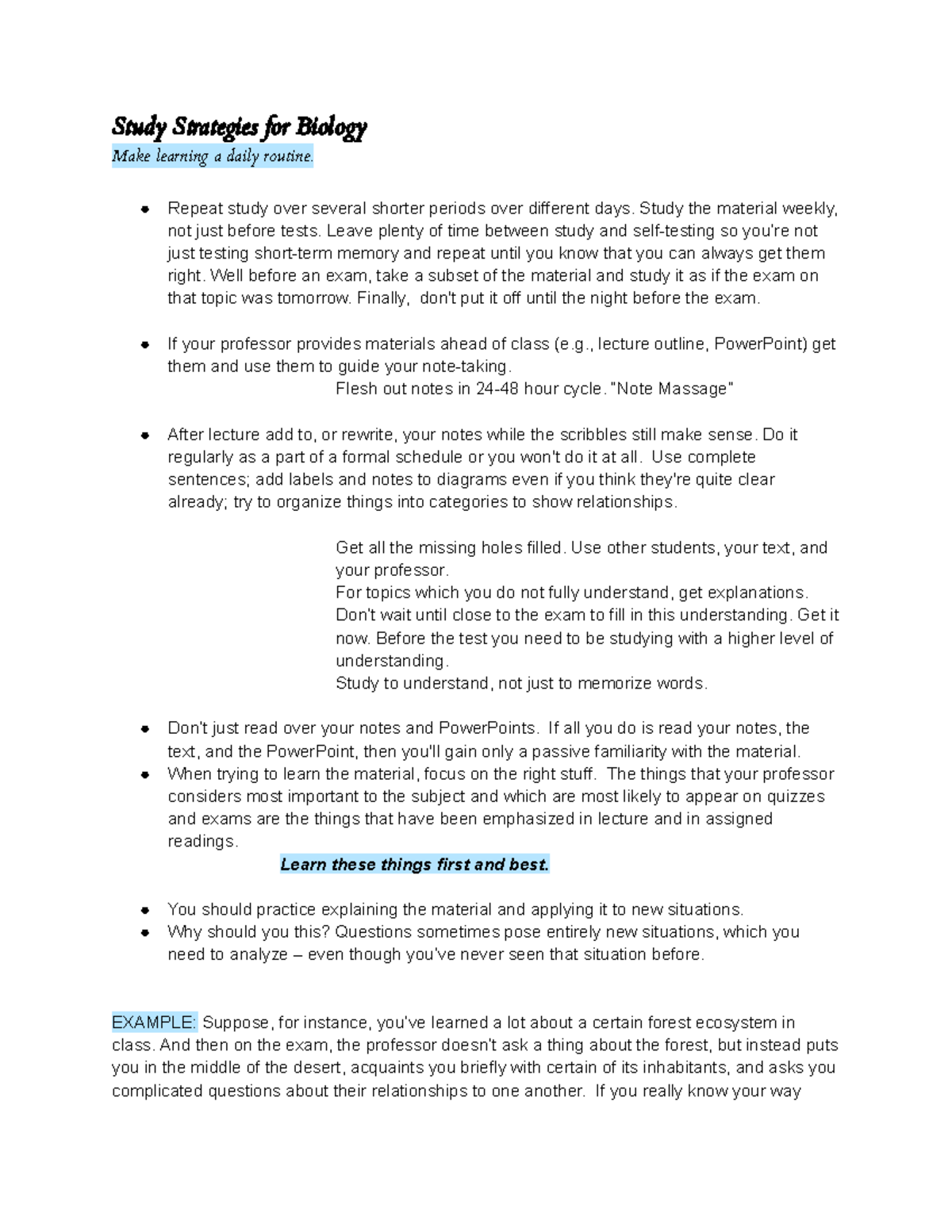 Study Strategies for Biology-2 - Study Strategies for Biology Make ...