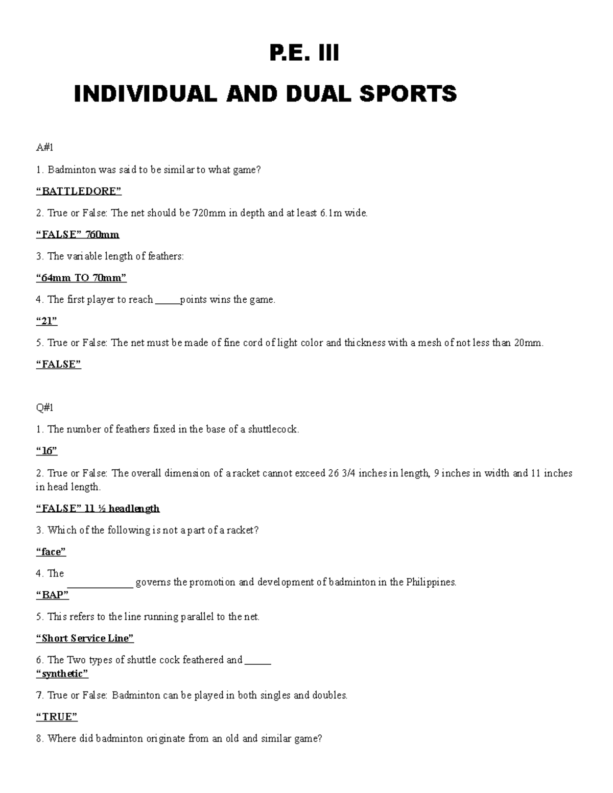 Pe3-quizzesdocx - Guehidbbjfe - P. Lll INDIVIDUAL AND DUAL SPORTS A# ...