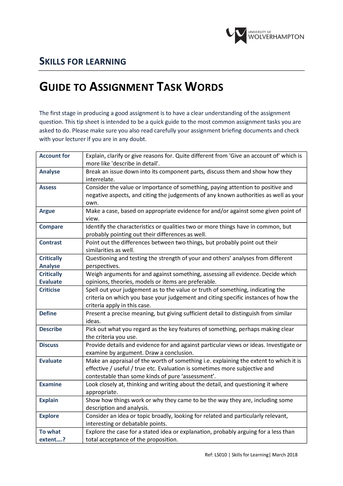 guide to assignment task words