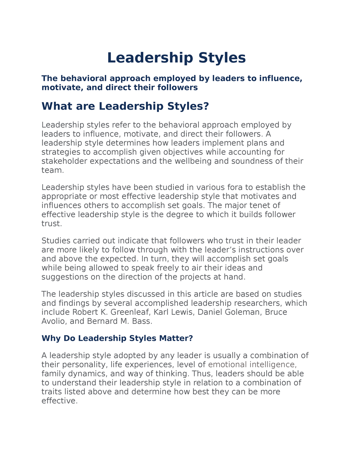 Leadership Styles - Leadership Styles The Behavioral Approach Employed ...