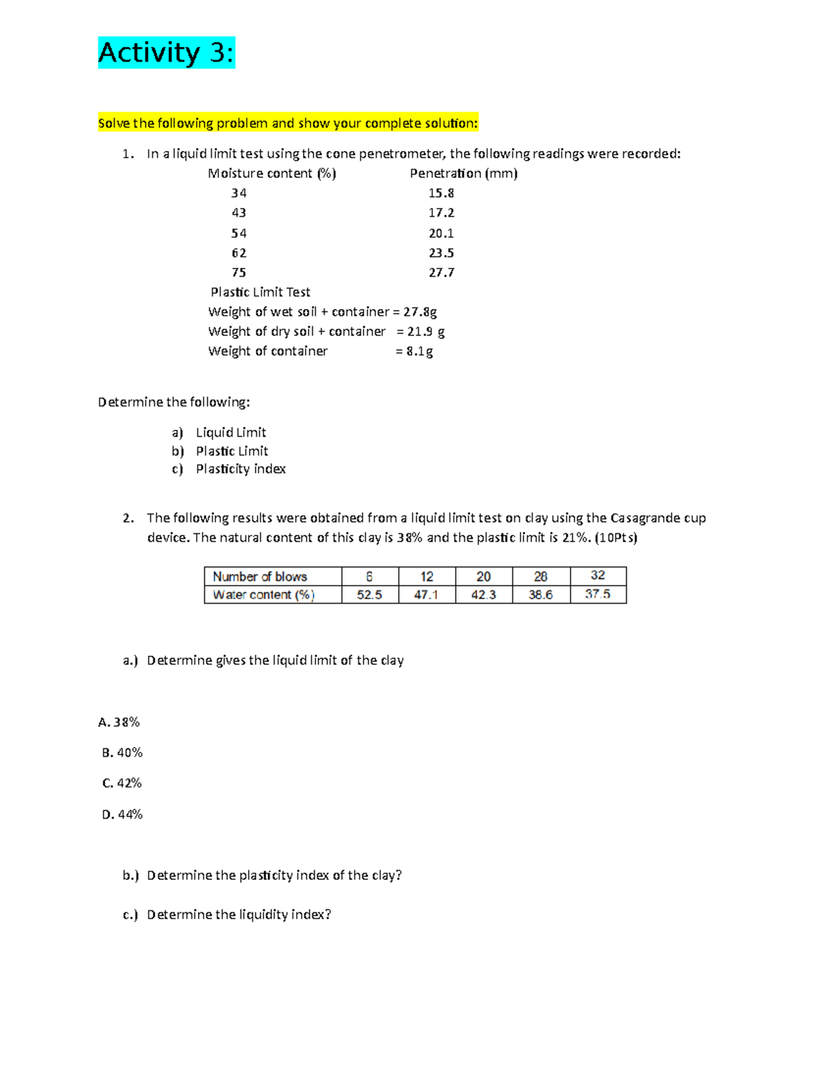 Activity 3- geotechnical practice problems - Activity 3: Solve the ...