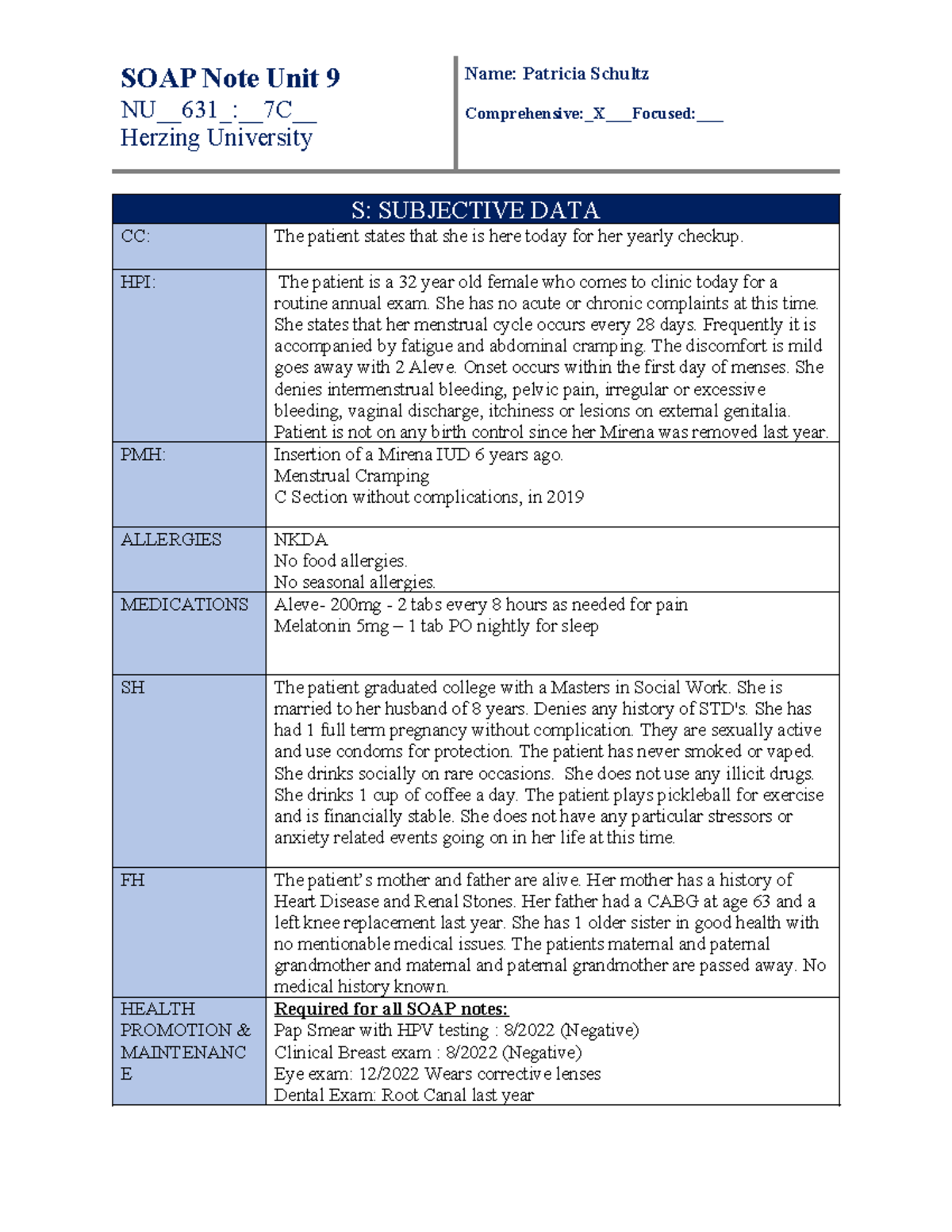 SOAP Note Womans July 12 - SOAP Note Unit 9 NU__631_:7C Herzing ...