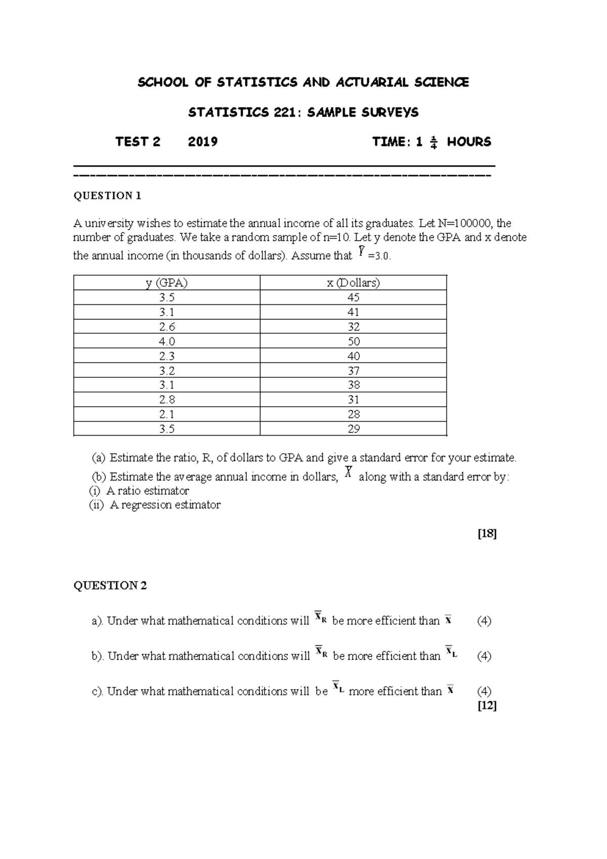 stat221 test2 practice - SCHOOL OF STATISTICS AND ACTUARIAL SCIENCE ...