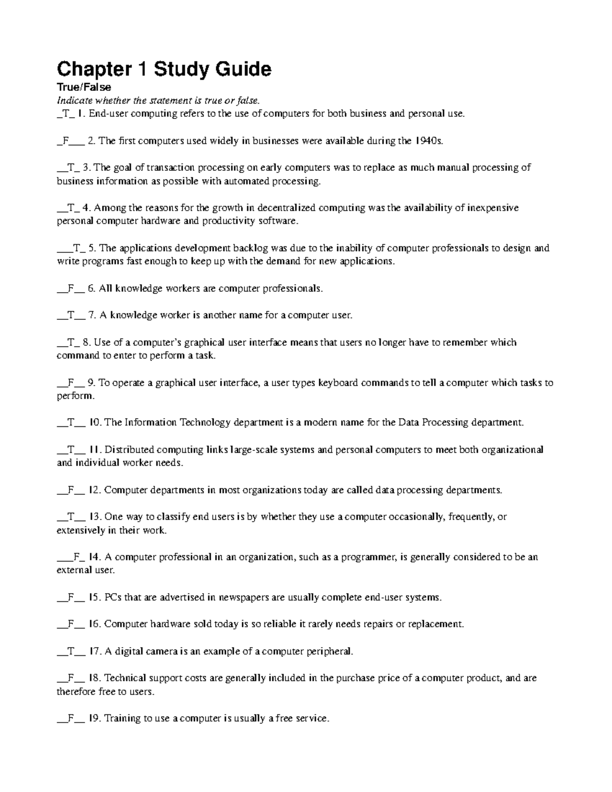 HD Ch1 Study Guide - Computers - Chapter 1 Study Guide True/False ...