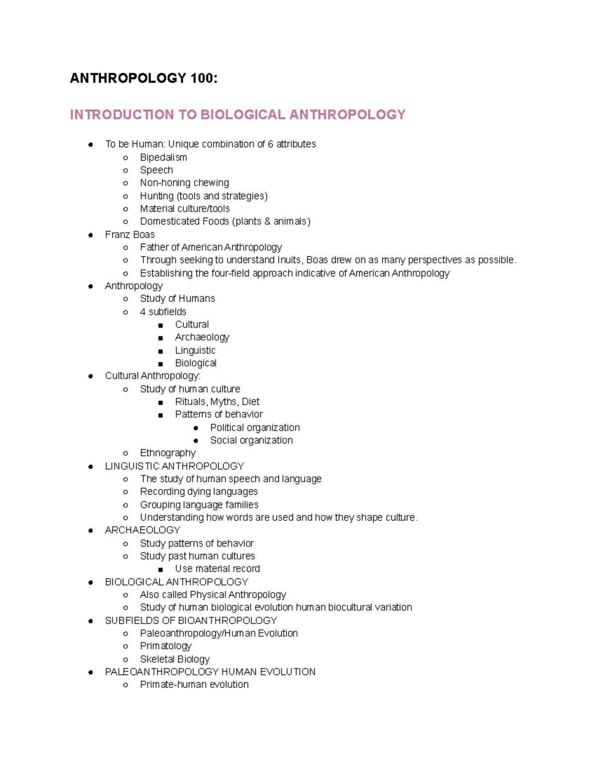 Anthropology 101 Unit 1 Notes - ANTHROPOLOGY 100: INTRODUCTION TO ...