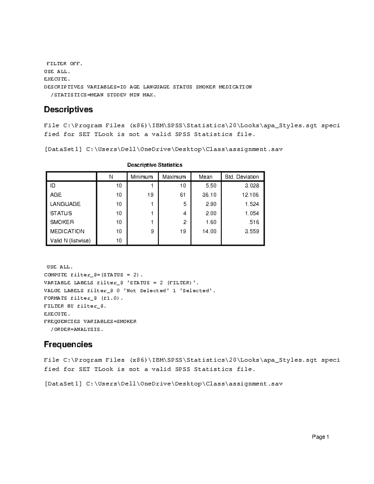 Final Assignment FILTER OFF. USE ALL. EXECUTE. DESCRIPTIVES VARIABLES