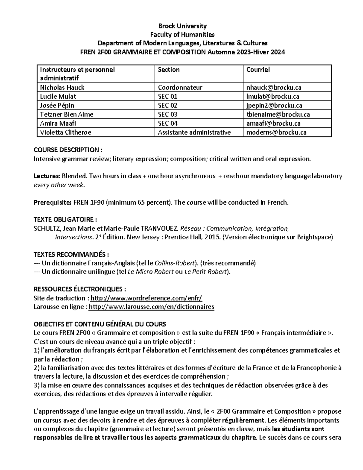 FREN 2F00 syllabus Brock University Faculty of Humanities Department