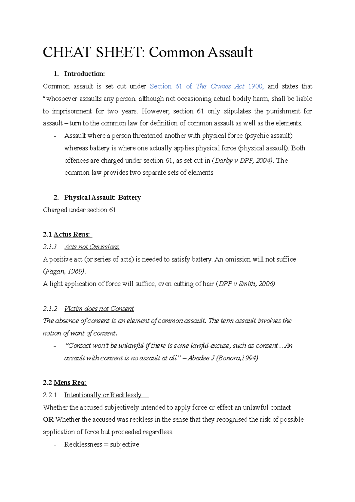 6B Common Assault - Lecture Notes 7-10 - CHEAT SHEET: Common Assault ...