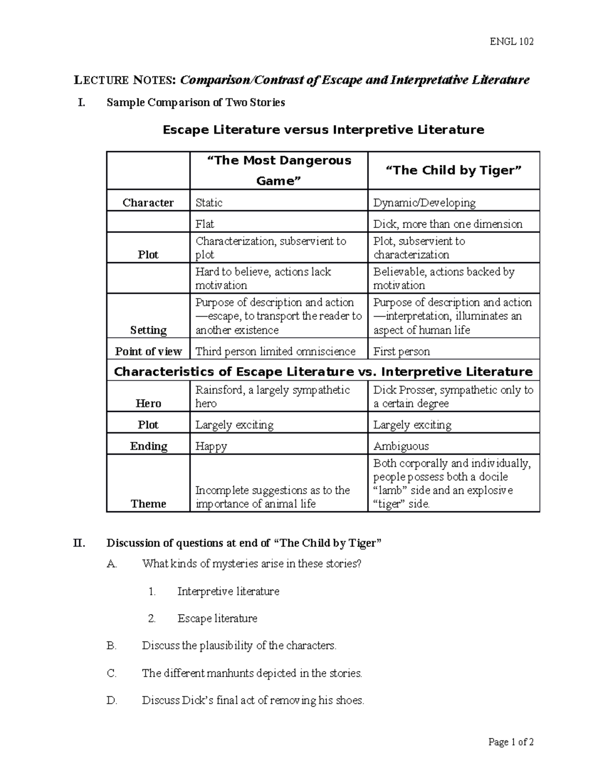 Lecture Notes Comparison Contrast of Escape and Interpretative ...