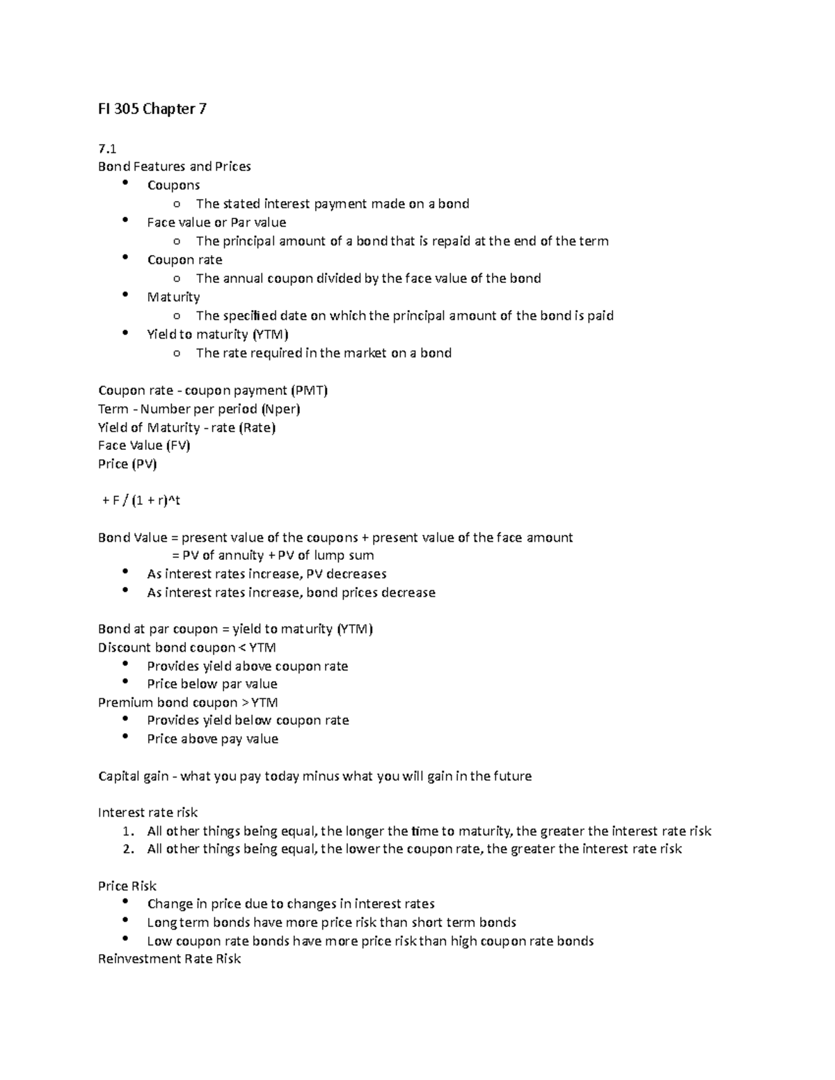 FI 305 Chapter 7: Bonds - FI 305 Chapter 7 7. Bond Features and Prices ...