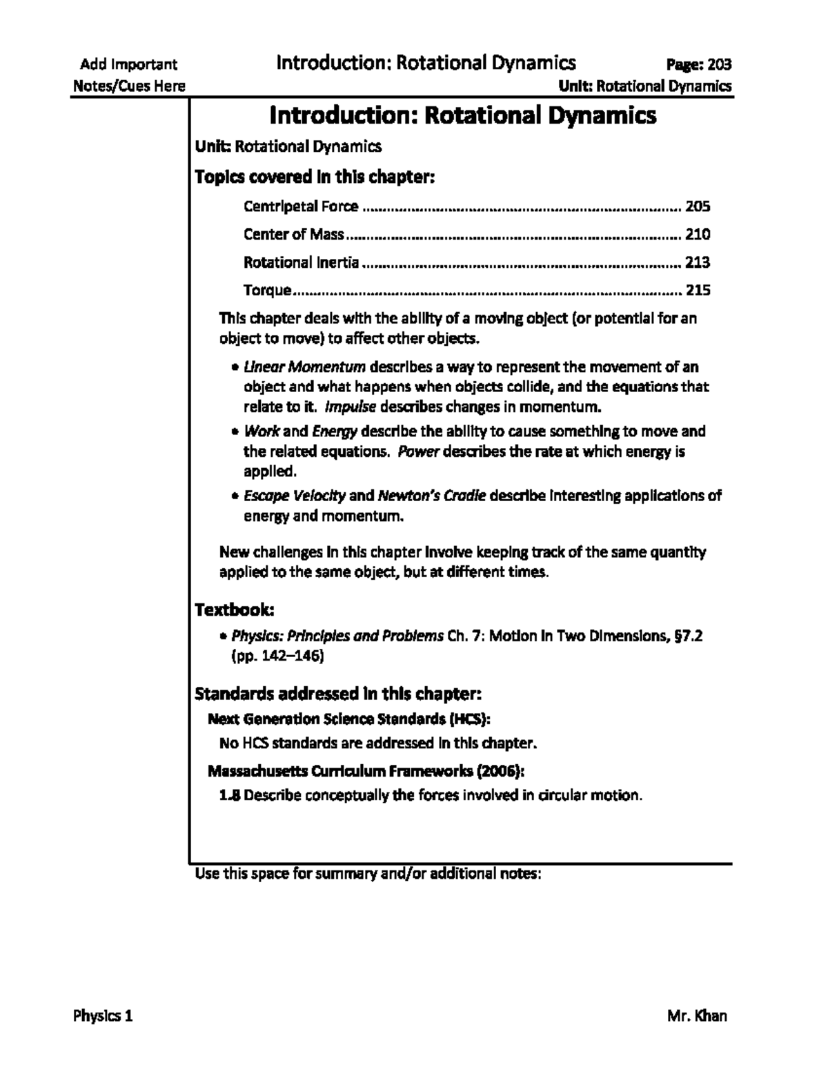 Phys2211 Section 15 Physics I Lecture Notes 15 Add Important