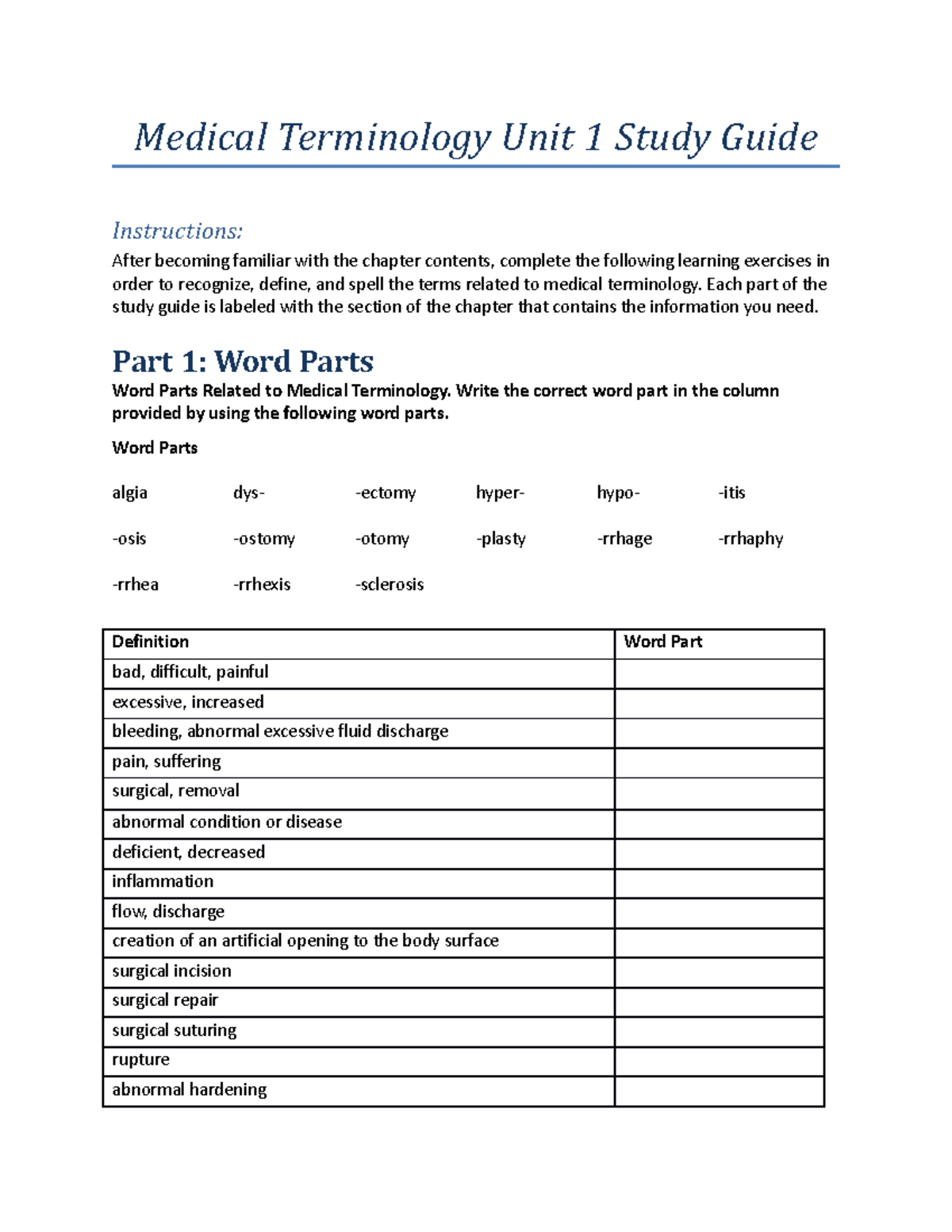 MT- Unit 1 Study Guide - mnbkb - Medical Terminology Unit 1 Study Guide ...