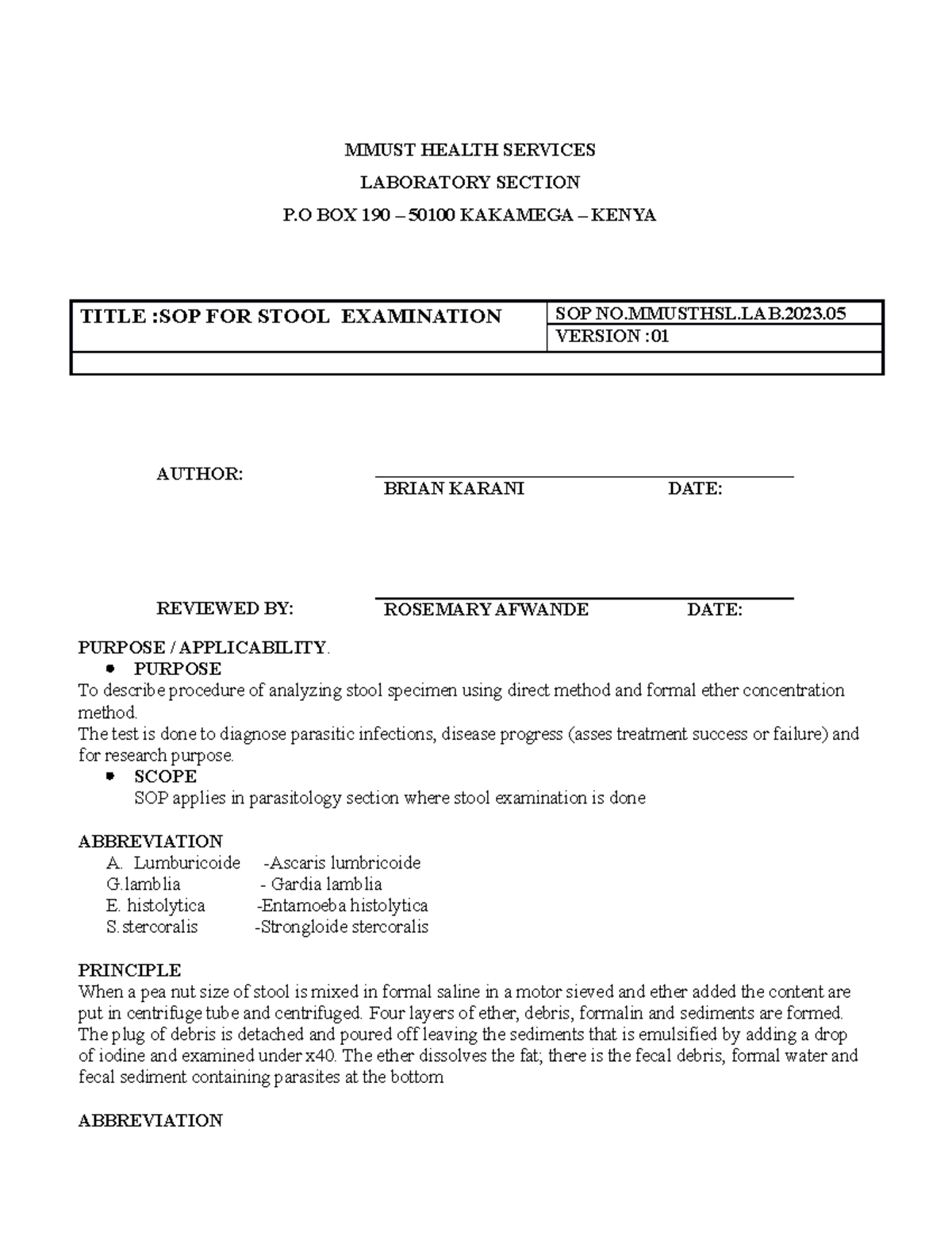 SOP. Mmusthsl.LAB.05 Stool Examination - MMUST HEALTH SERVICES ...