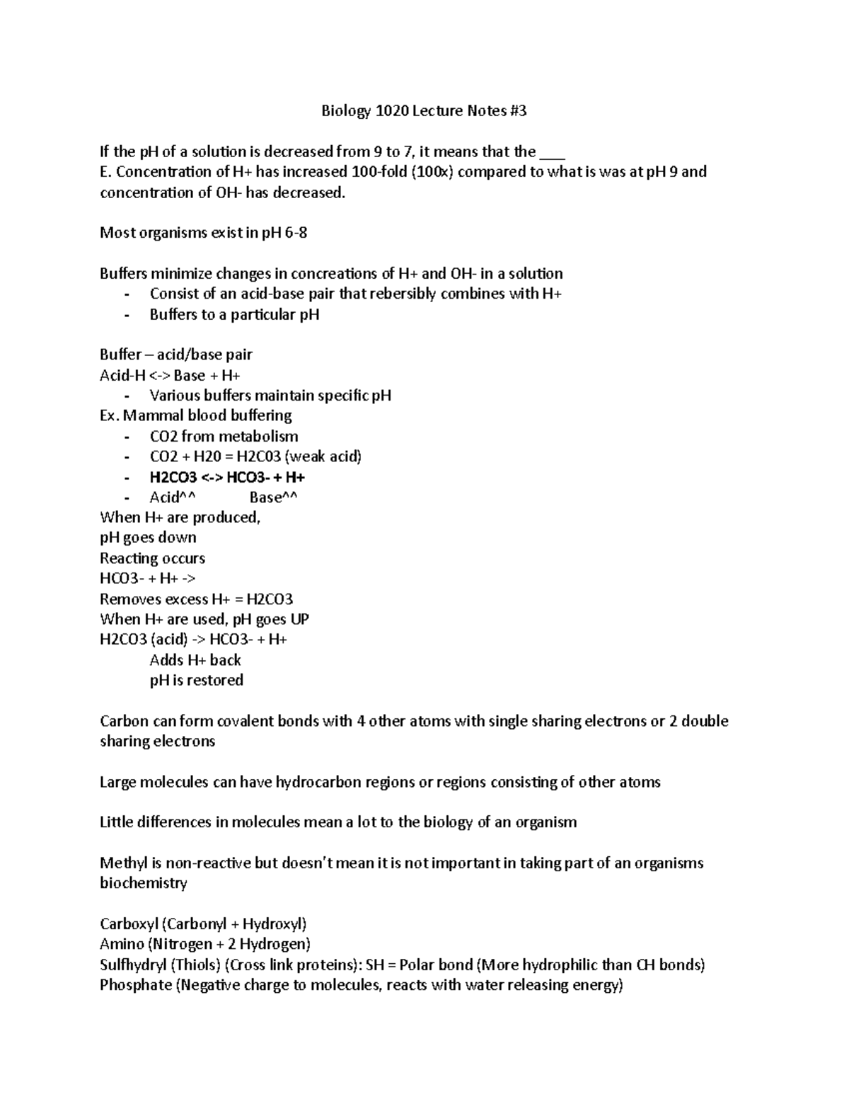 Biology 1020 Lecture Notes 3 - Biology 1020 Lecture Notes # If the pH ...