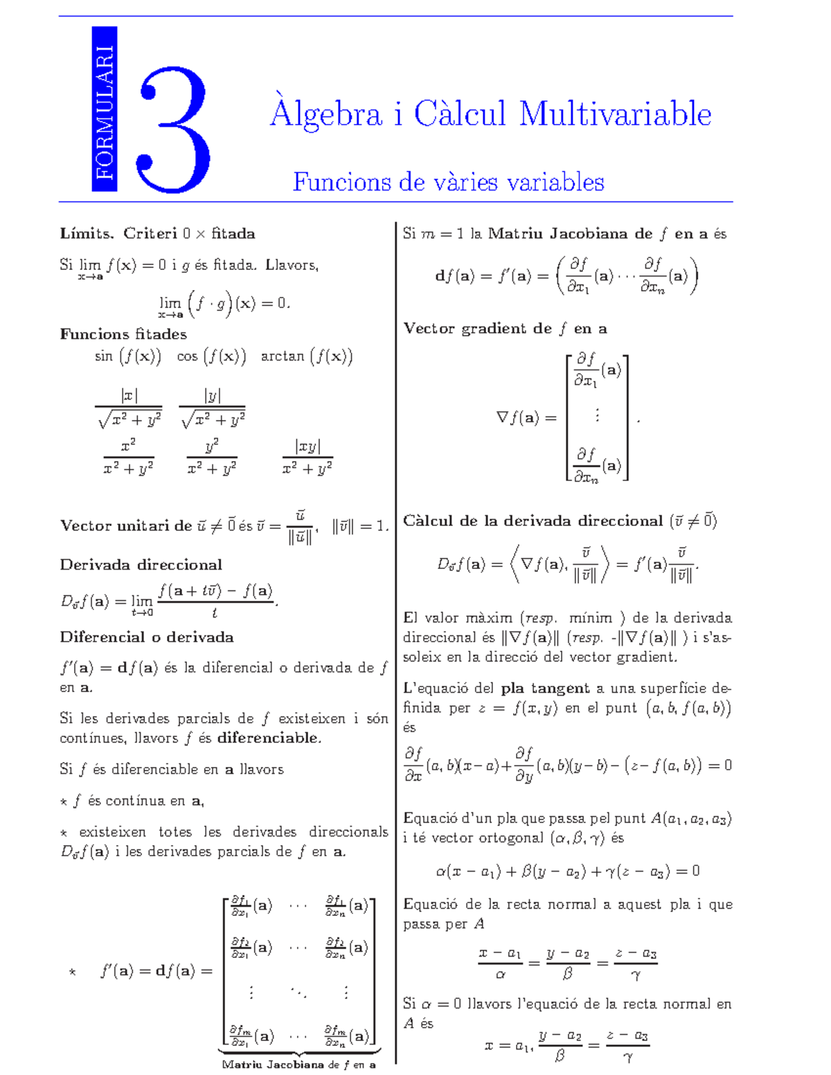 Formulari-ACM3 - FORMULARI 3 ` Algebra i C`alcul Multivariable Funcions ...