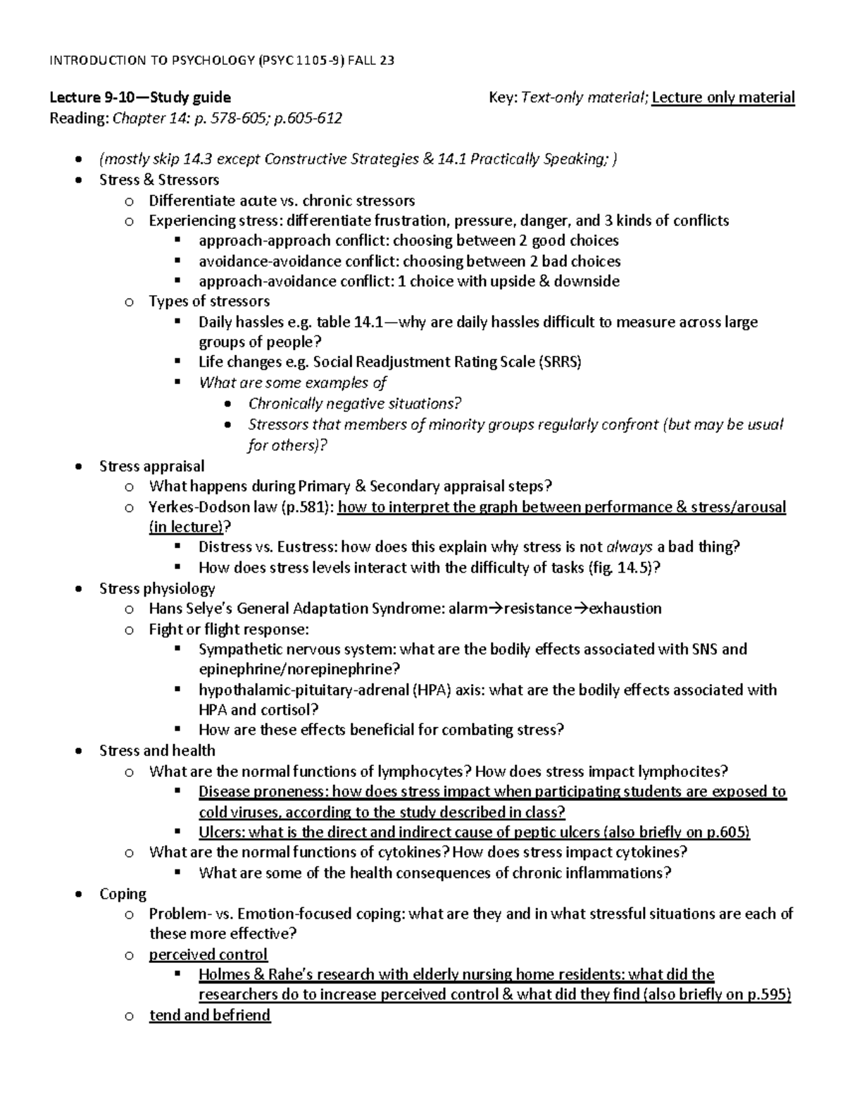 (PSYC 1105-9) Lecture 9-10 Study Guide - INTRODUCTION TO PSYCHOLOGY ...