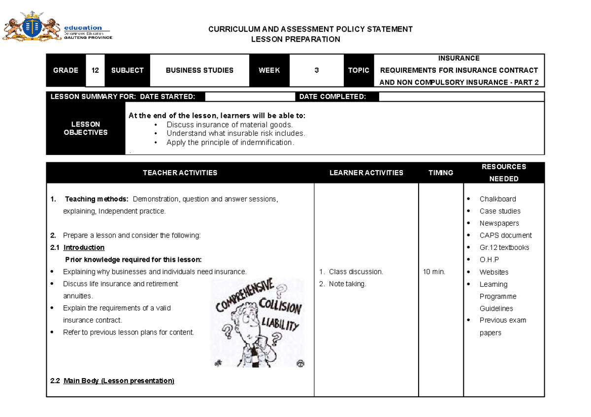 GR12 LP14 - Insurance ( Requirements FOR Insurance AND NON CO - LESSON ...