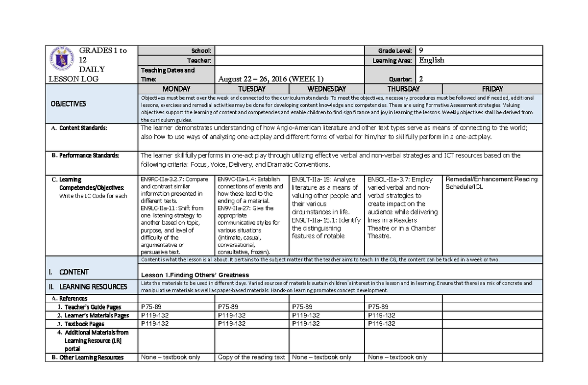 Dll Daily Lesson Log Grade 9 Grades 1 To 12 Daily Lesson Log School Grade Level 9 Teacher 7782