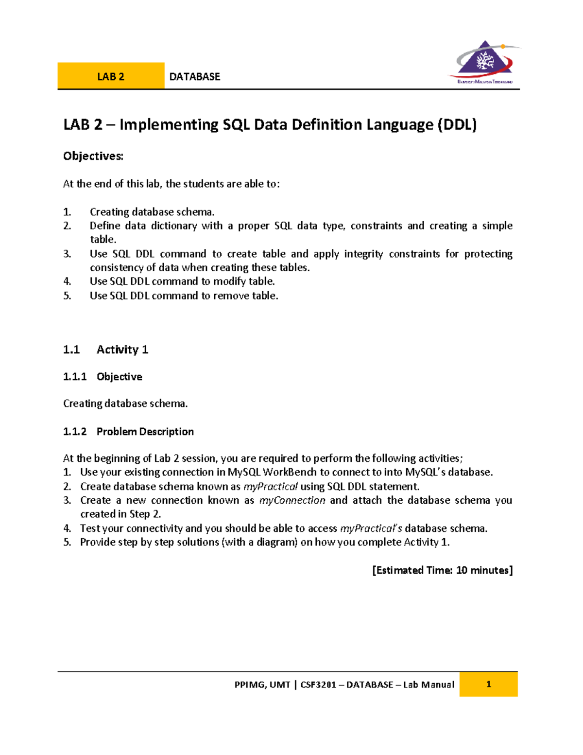 CSF3201 - Lab 2 - Student - LAB 2 – Implementing SQL Data Definition ...