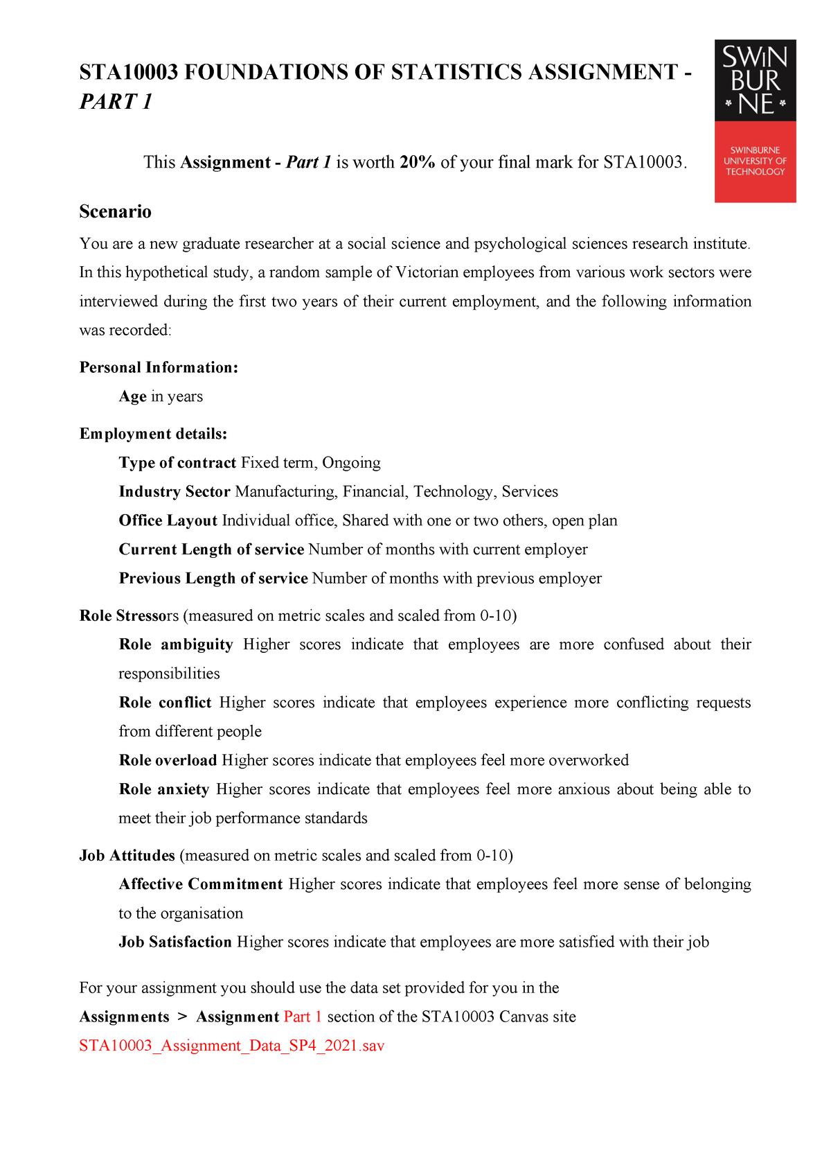 STA10003 Assignment Instructions Part 1 SP4 2021 - STA10003 FOUNDATIONS ...