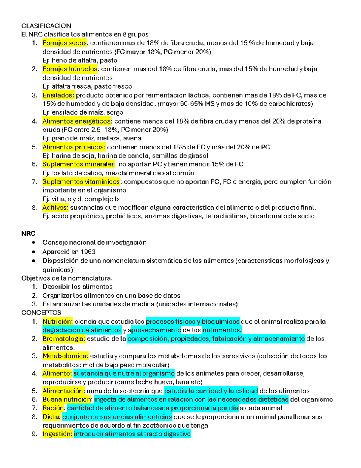 Alimentacion - aspectos importantes - CLASIFICACION El NRC clasifica ...