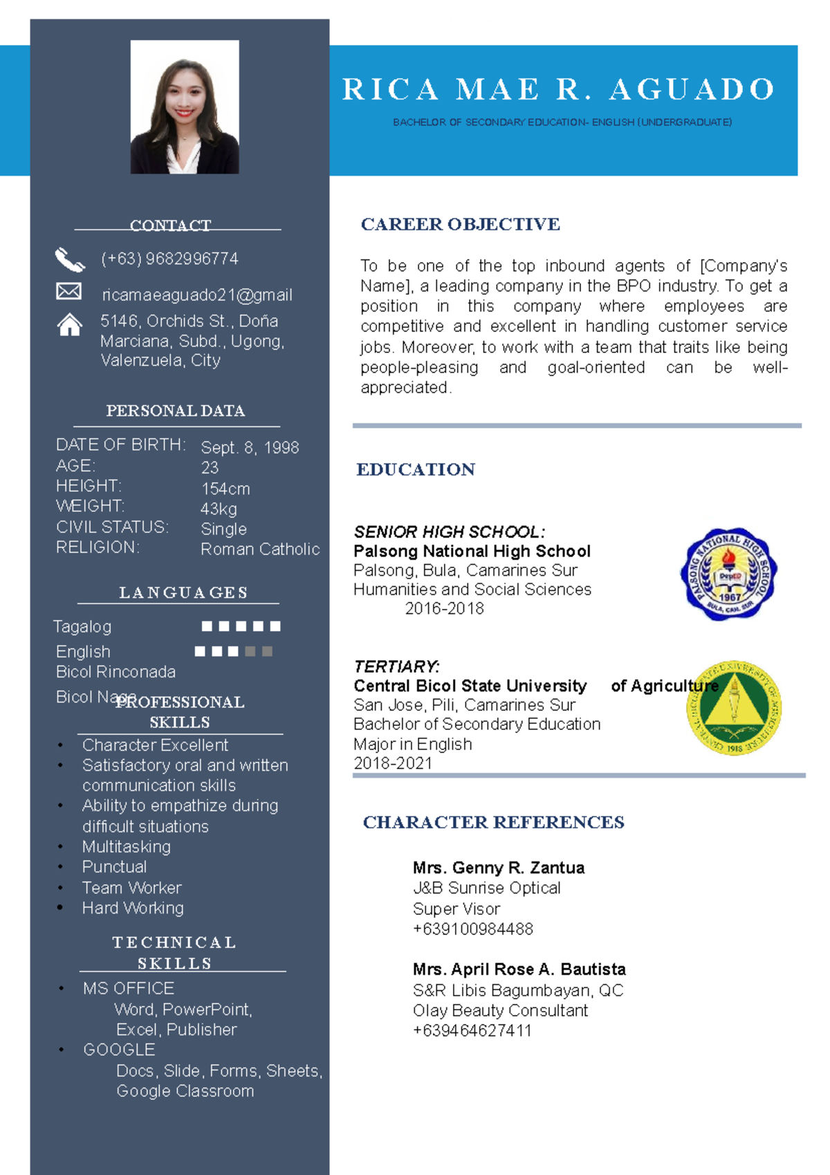 BLUE CV - Resume - (+63) 9682996774 5146, Orchids St., Doña Marciana ...