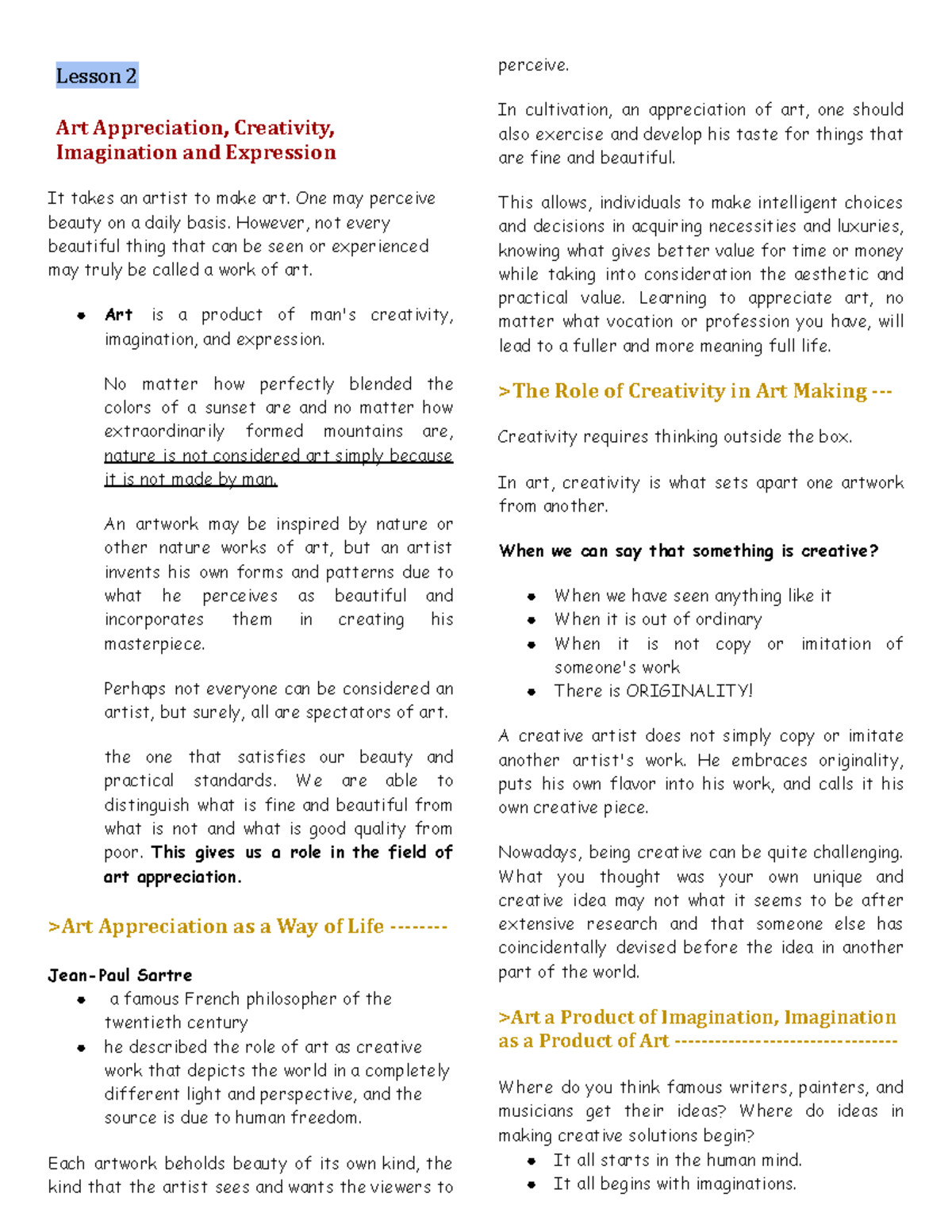 Art app reviewer Lesson 2 Art Appreciation, Creativity, Imagination