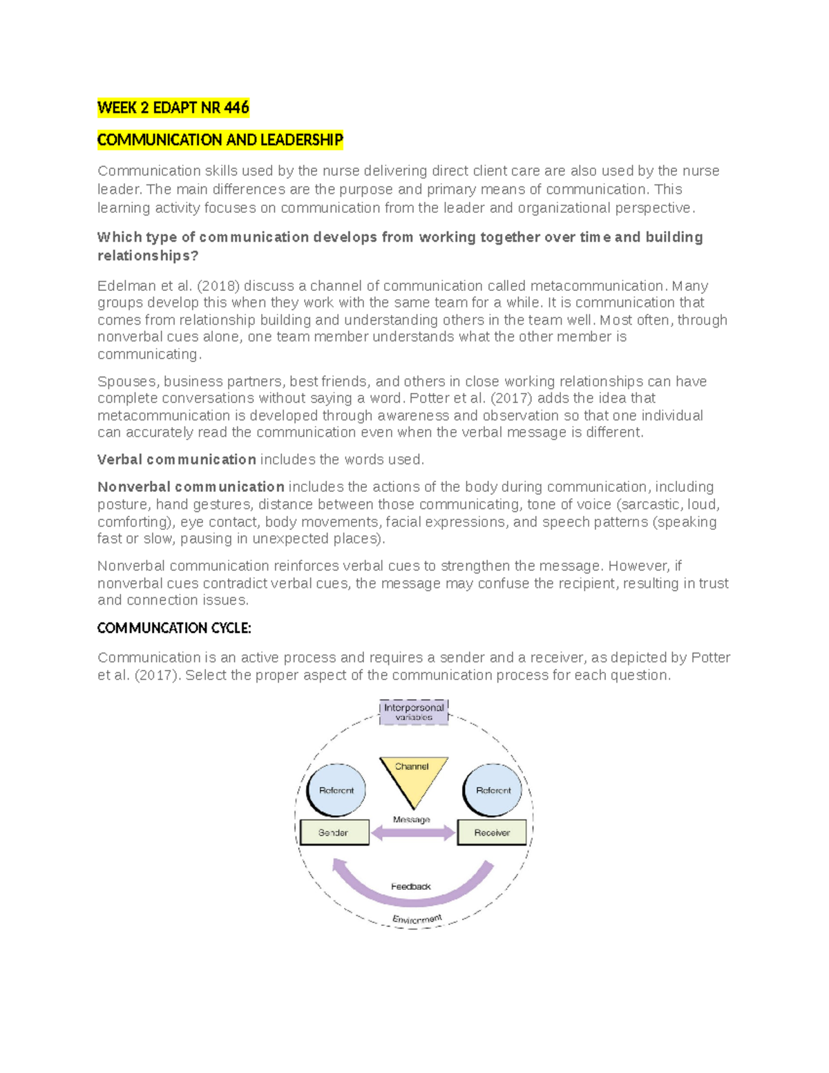 WEEK 2 Edapt NR 446 - Exam - WEEK 2 EDAPT NR 446 COMMUNICATION AND ...