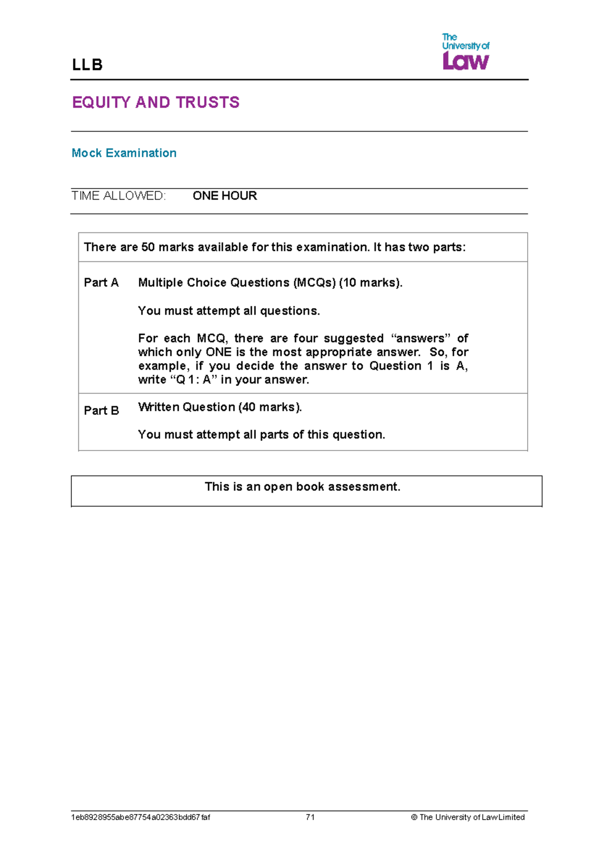 Equity and trust mock exam - EQUITY AND TRUSTS Mock Examination TIME ...