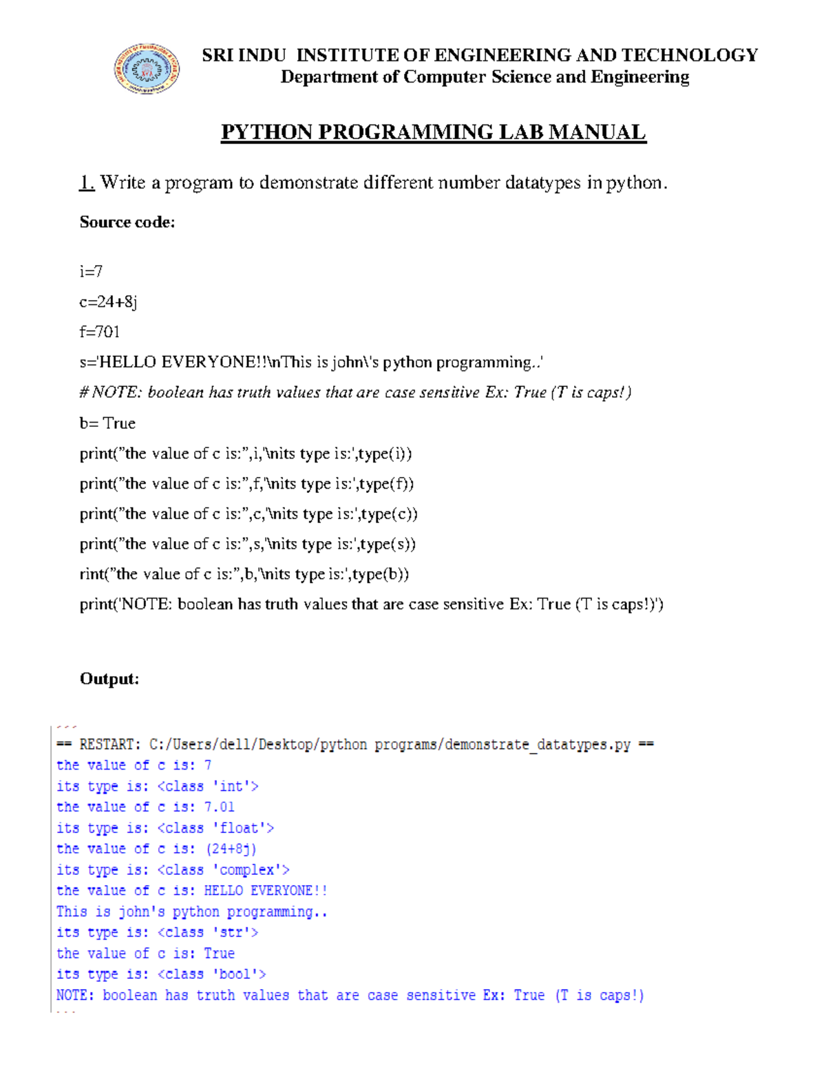 Python PP LAB Manual IV CSE I SEM - SRI INDU INSTITUTE OF ENGINEERING ...