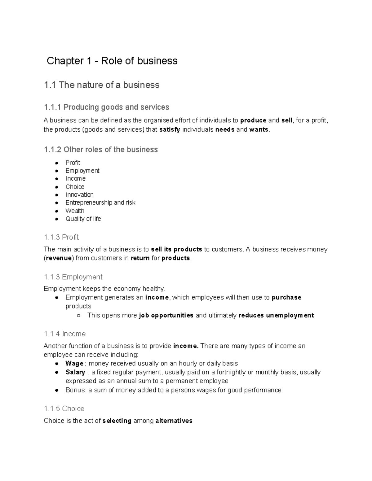 Business Prelim Revision - Chapter 1 - Role of business 1 The nature of ...