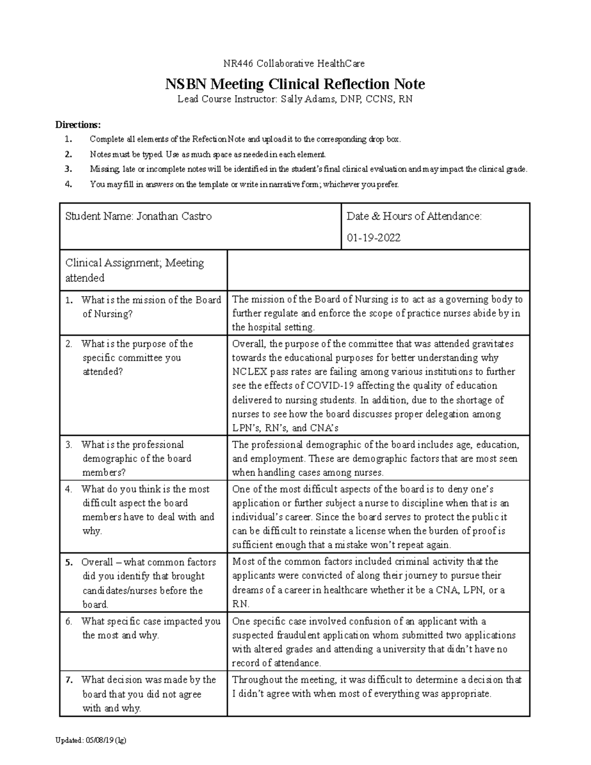 NSBN Reflection - Refecltion for the nursing program which will give ...