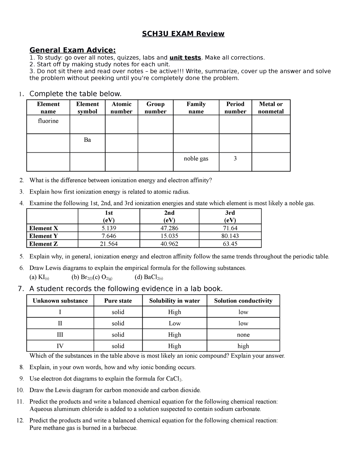 SCH3U Exam Review - SCH3U EXAM Review General Exam Advice: To Study: Go ...