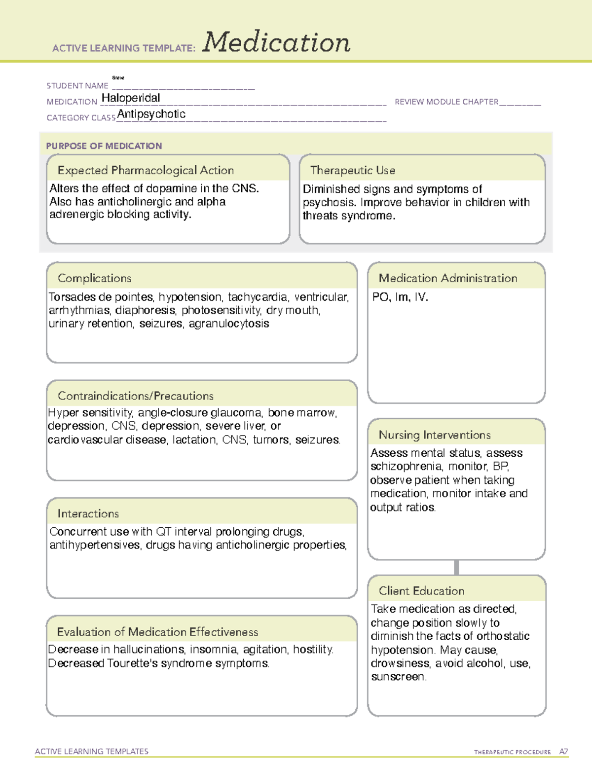 ATI Haloperidal - ACTIVE LEARNING TEMPLATES TherapeuTic procedure A ...